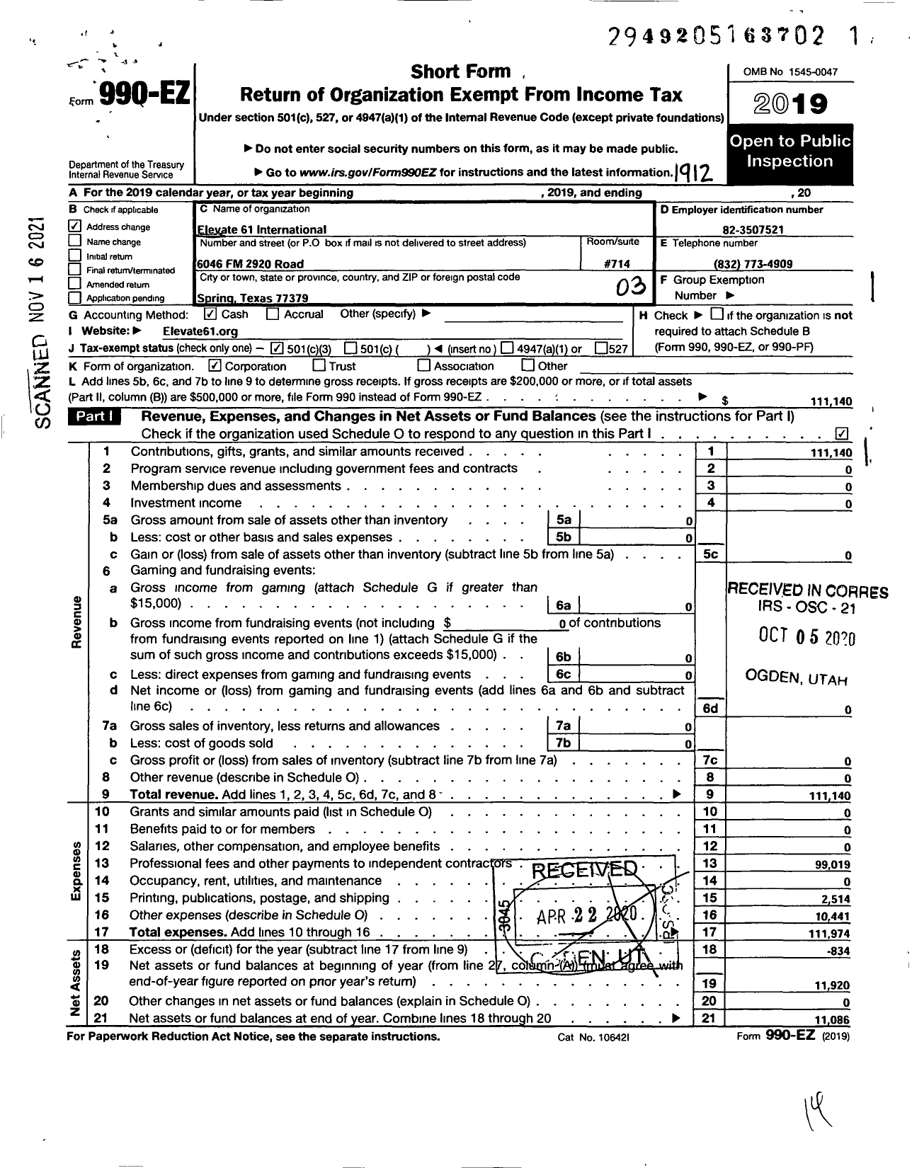 Image of first page of 2019 Form 990EZ for Elevate 61 International