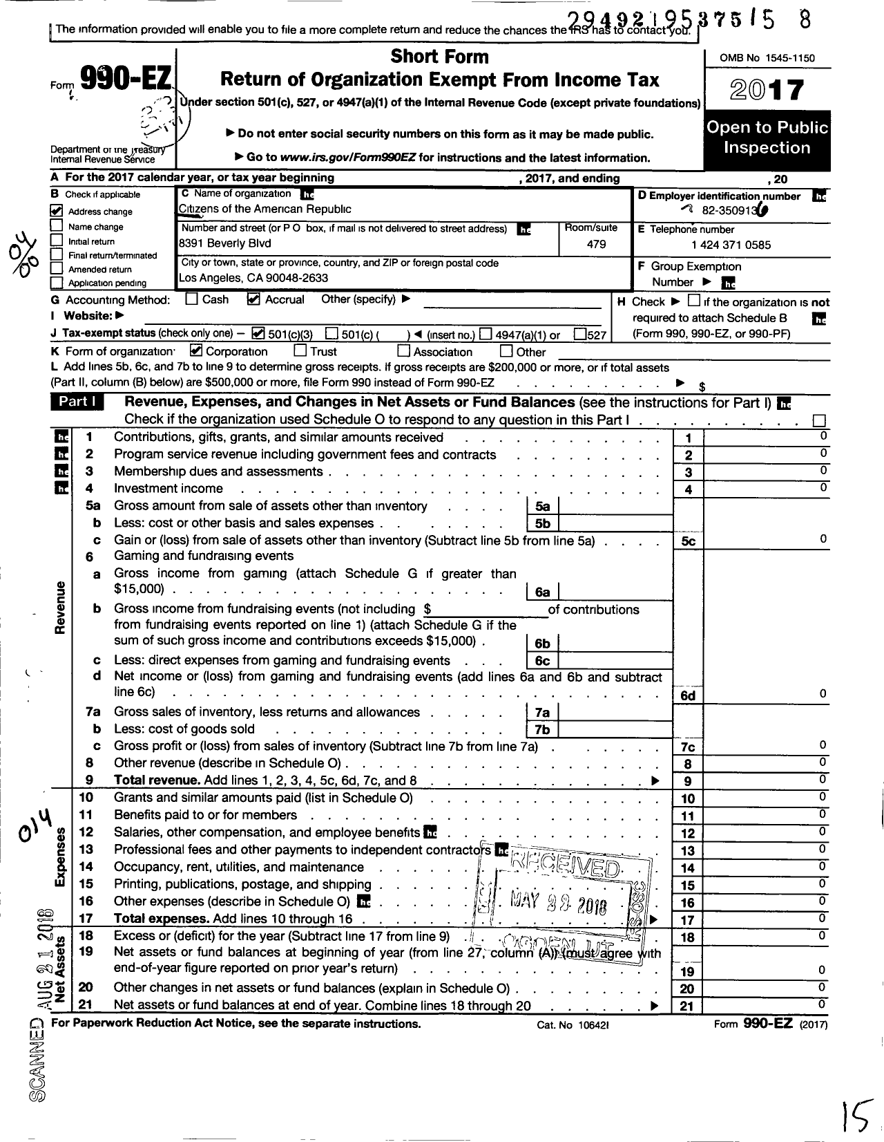 Image of first page of 2017 Form 990EO for Citizens of the American Republic