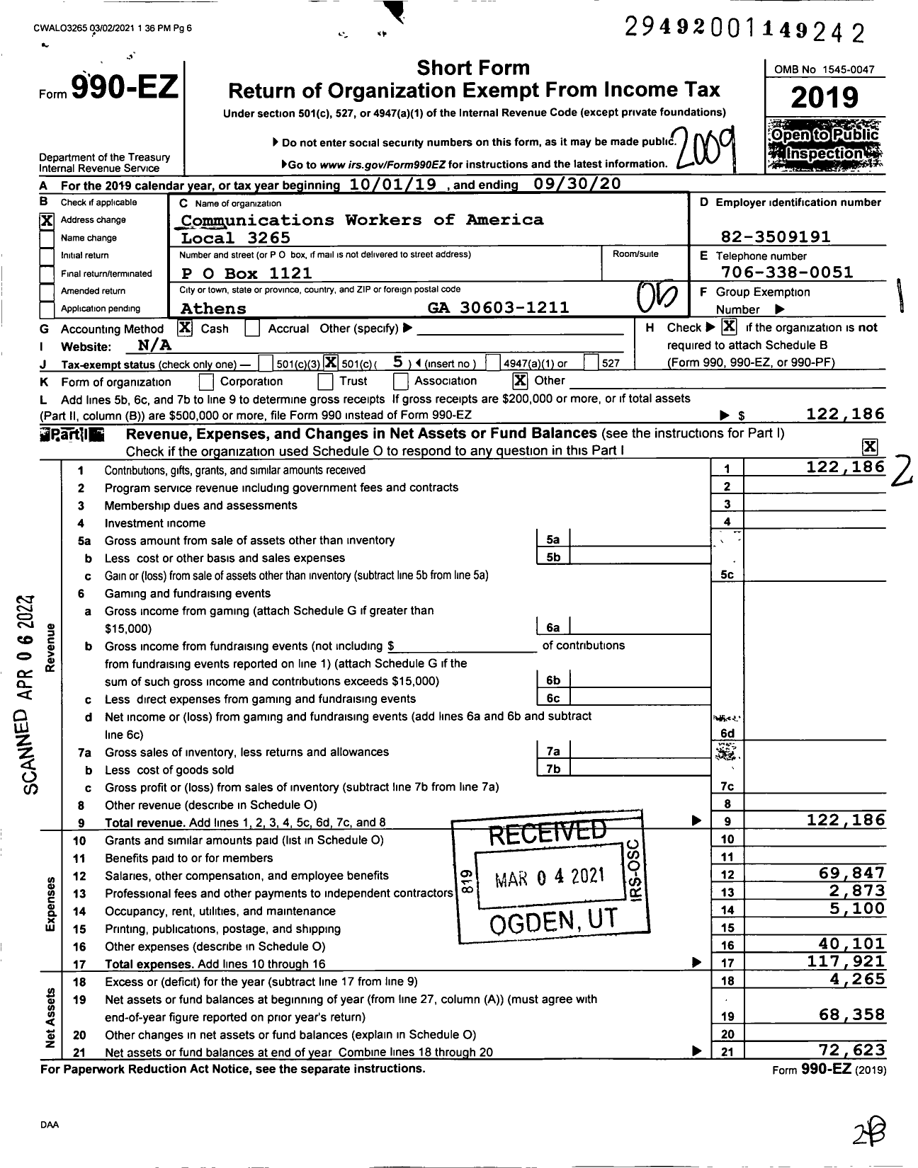 Image of first page of 2019 Form 990EO for Communications Workers of America - 3265 Cwa Oc Local