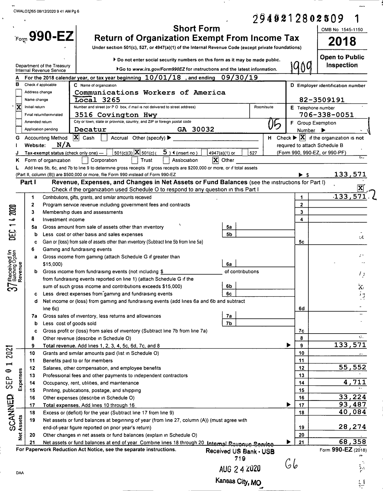 Image of first page of 2018 Form 990EO for Communications Workers of America - 3265 Cwa Oc Local