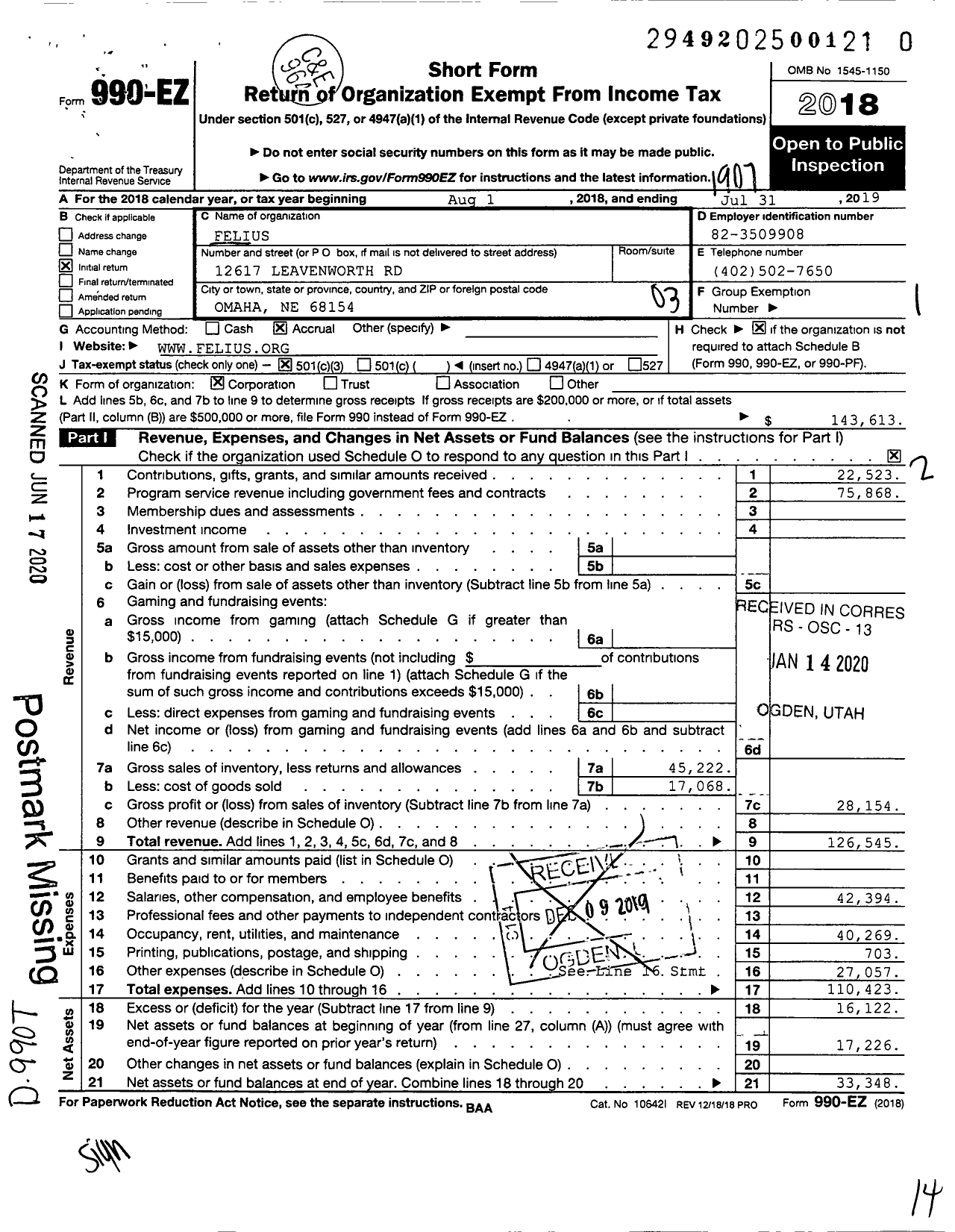 Image of first page of 2018 Form 990EZ for Felius