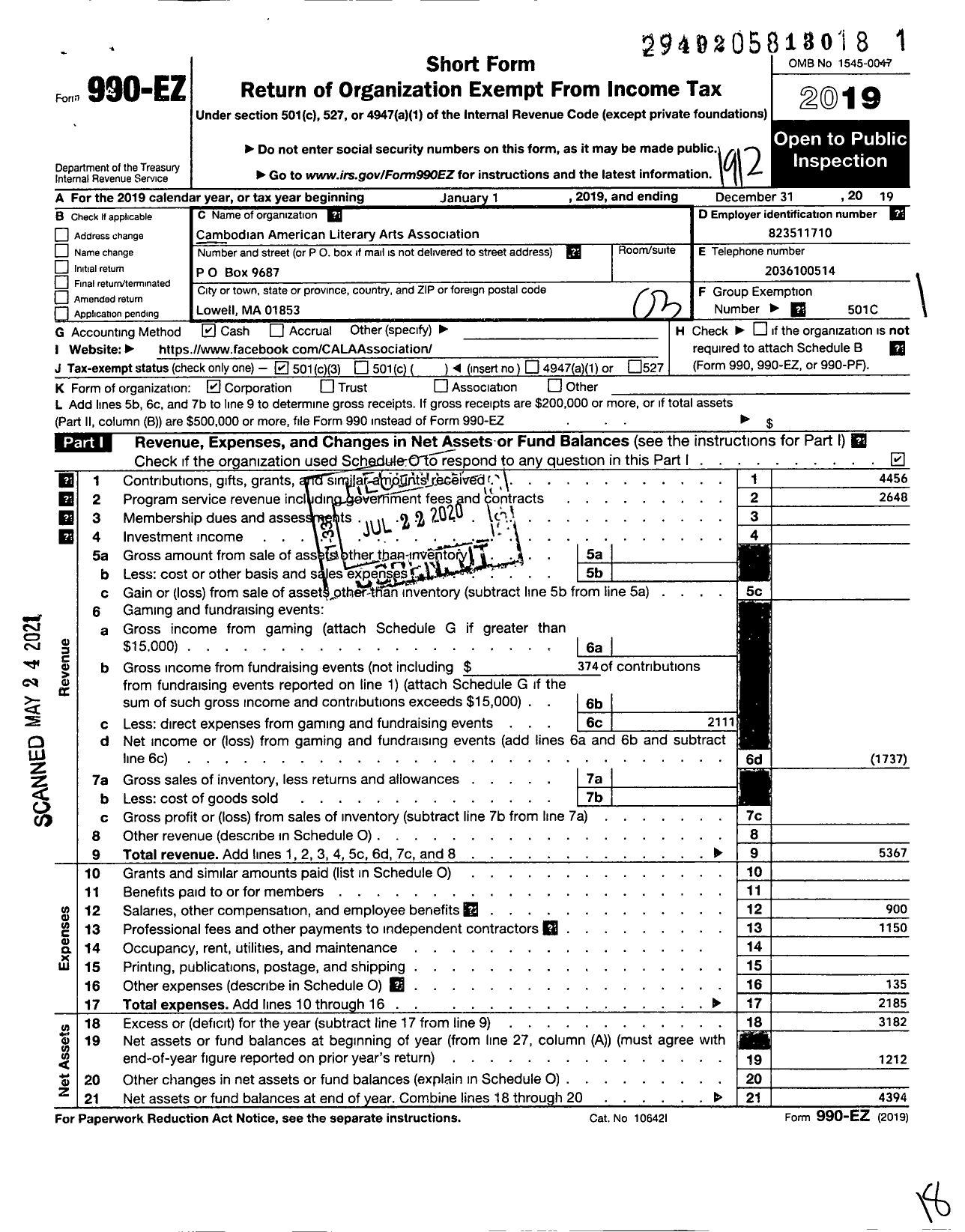 Image of first page of 2019 Form 990EZ for Cambodian American Literary Arts Association