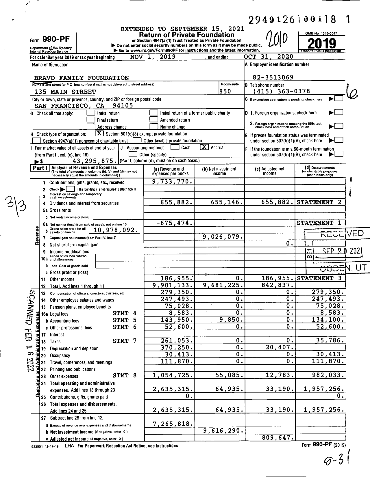 Image of first page of 2019 Form 990PF for Bravo Family Foundation