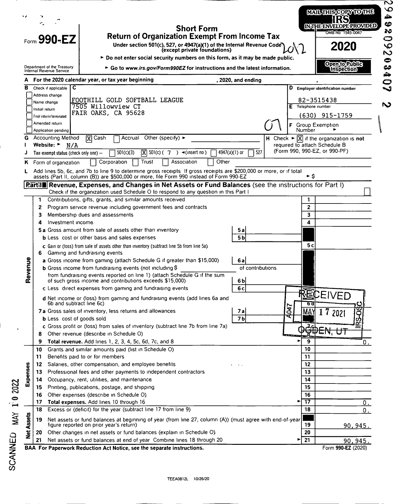 Image of first page of 2020 Form 990EO for Foothill Gold Softball League