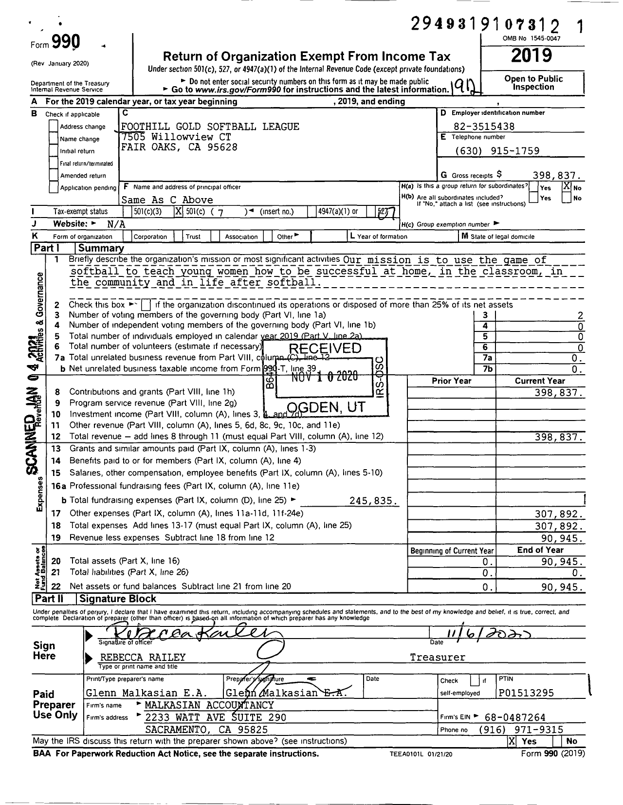 Image of first page of 2019 Form 990O for Foothill Gold Softball League