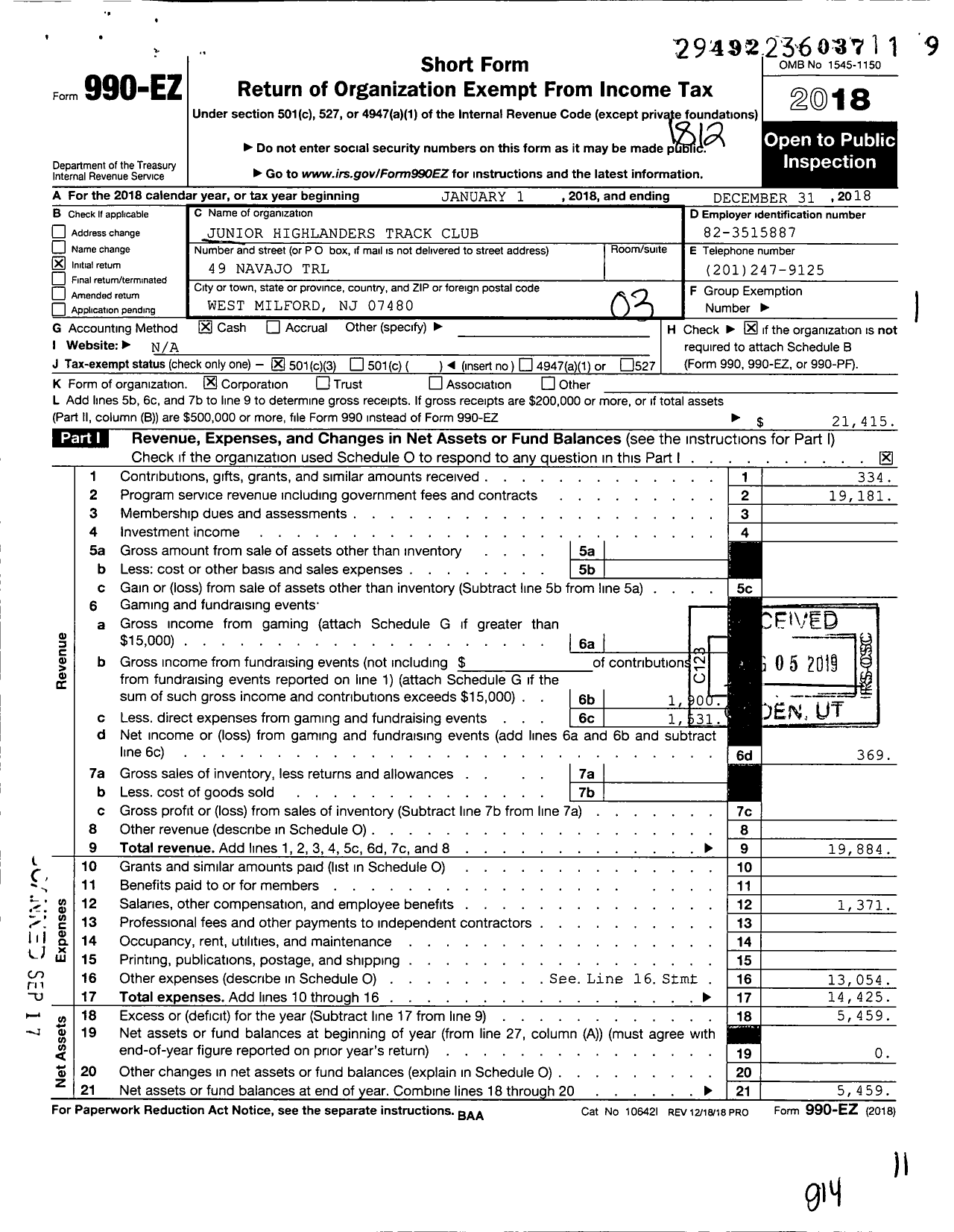 Image of first page of 2018 Form 990EZ for Junior Highlanders Track Club