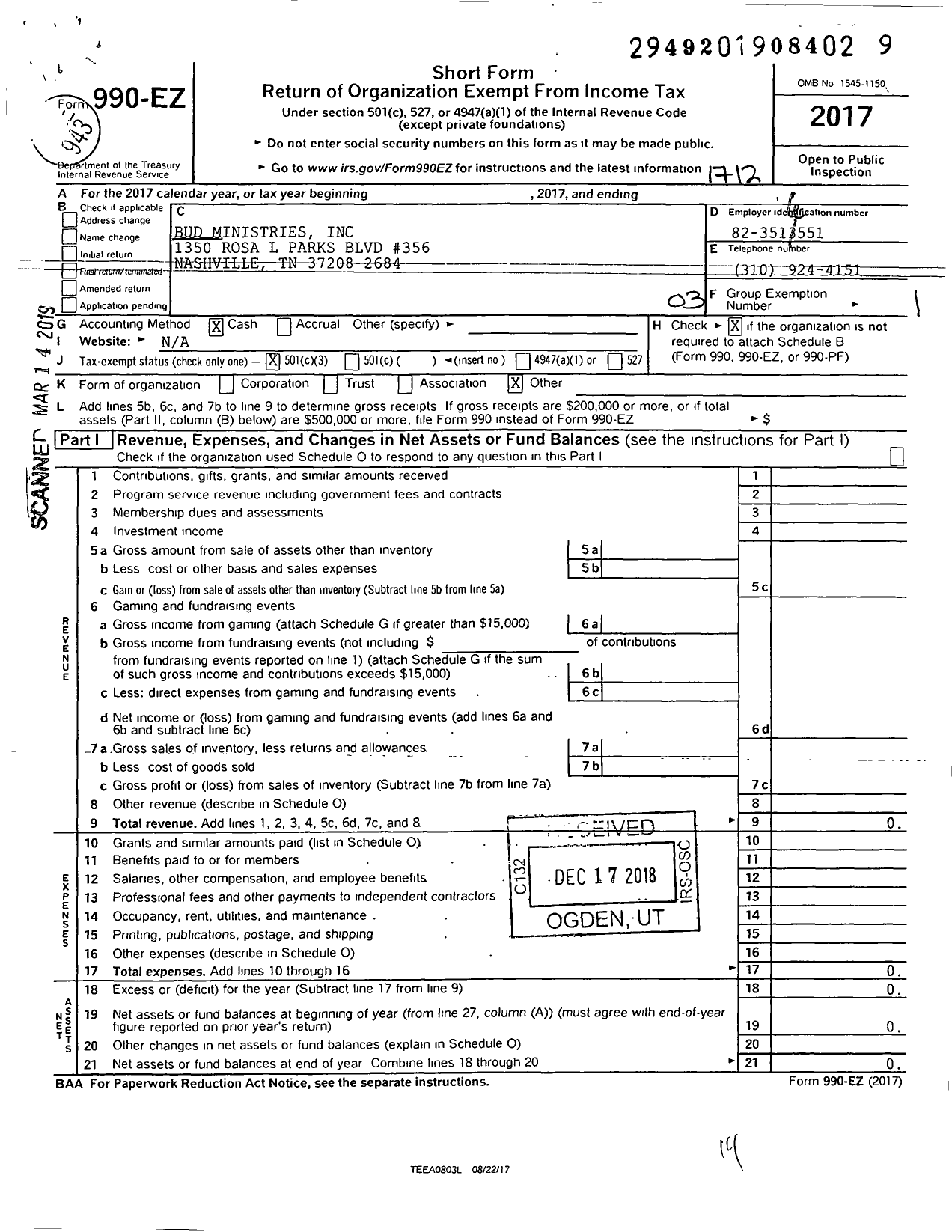 Image of first page of 2017 Form 990EZ for BUD Ministries