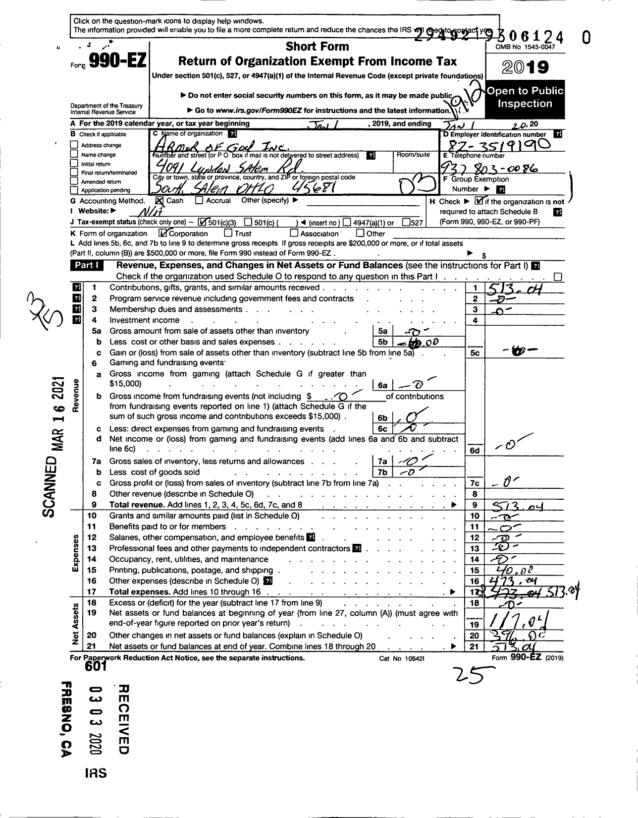 Image of first page of 2019 Form 990EZ for Armor of God