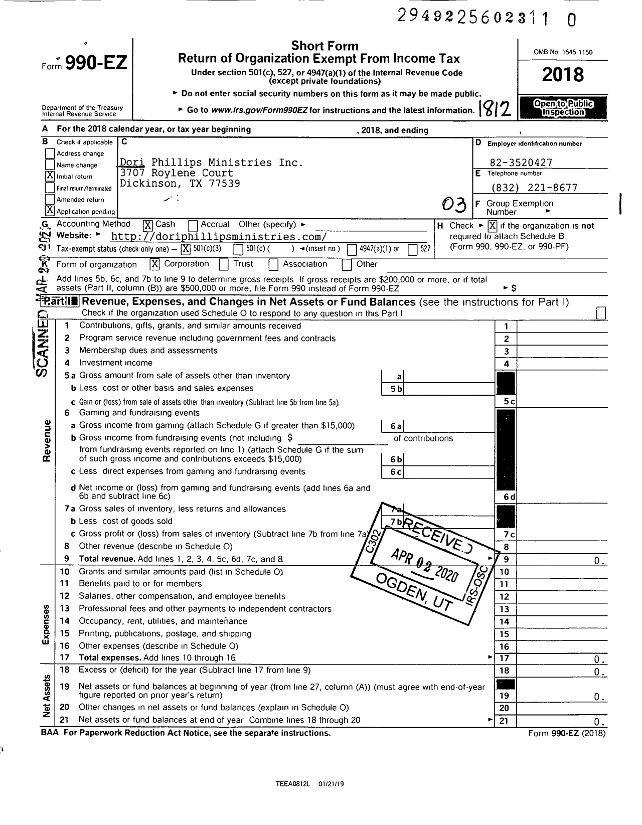 Image of first page of 2018 Form 990EZ for Dori Phillips Ministries