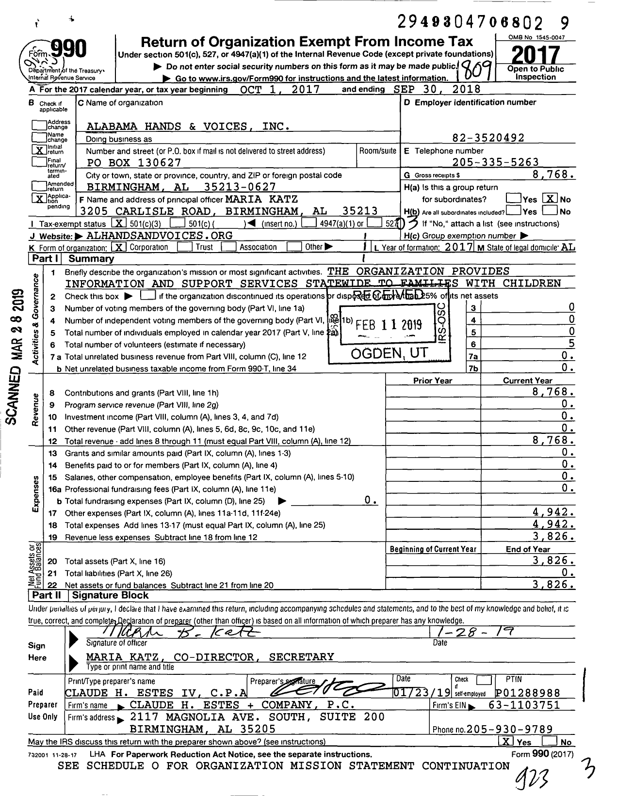 Image of first page of 2017 Form 990 for Alabama Hands and Voices