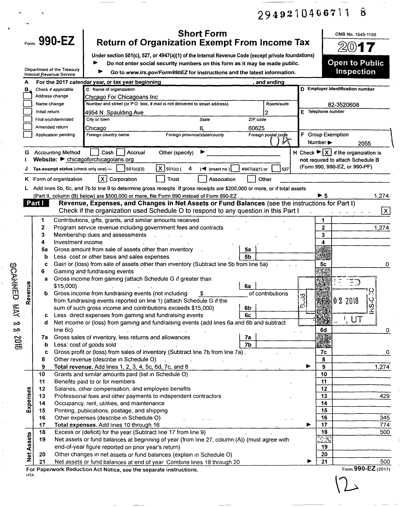 Image of first page of 2017 Form 990EO for Chicago For Chicagoans