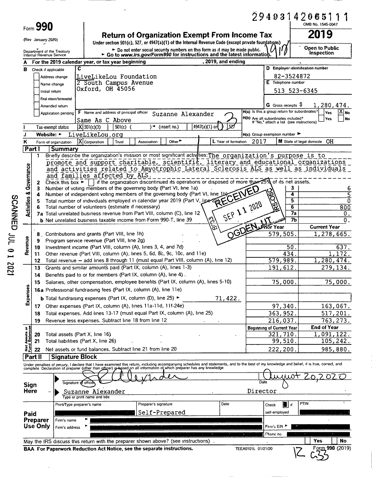 Image of first page of 2019 Form 990 for LiveLikeLou Foundation