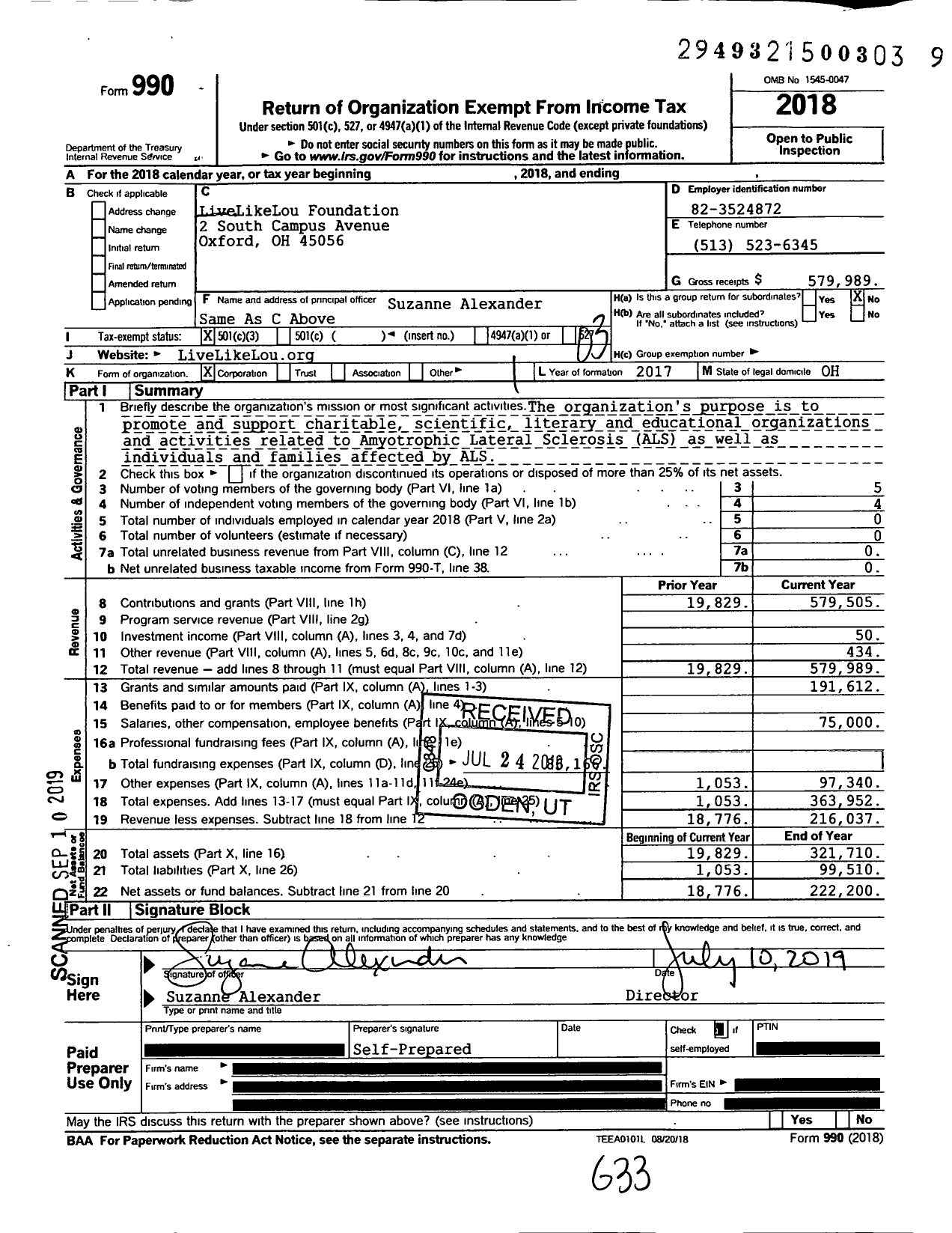 Image of first page of 2018 Form 990 for LiveLikeLou Foundation