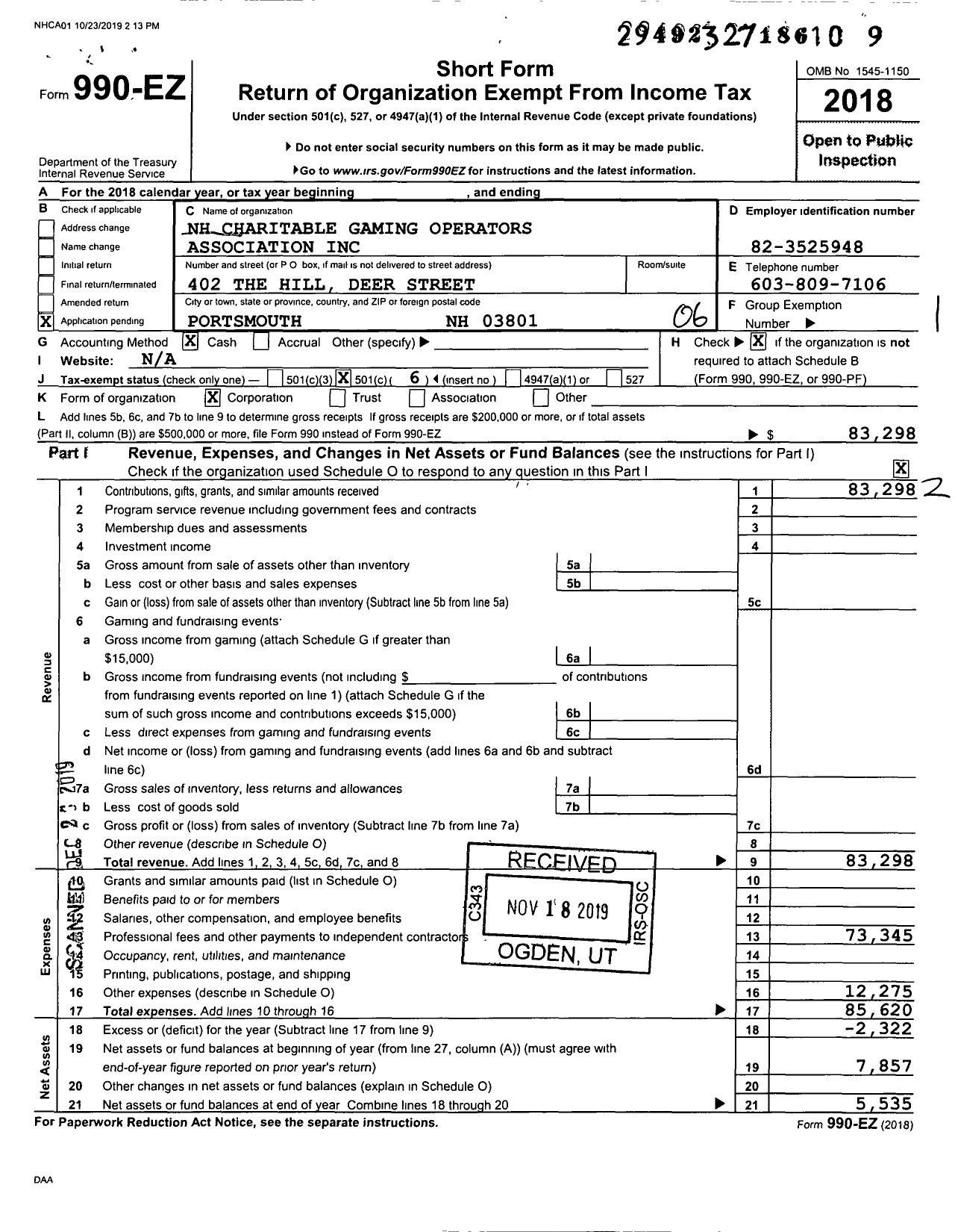 Image of first page of 2018 Form 990EO for NH Charitable Gaming Operators Association