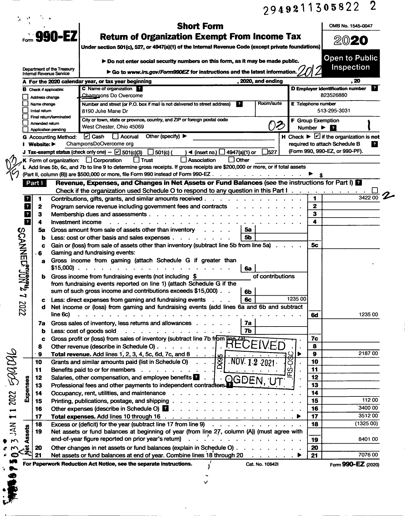 Image of first page of 2020 Form 990EZ for Champions Do Overcome