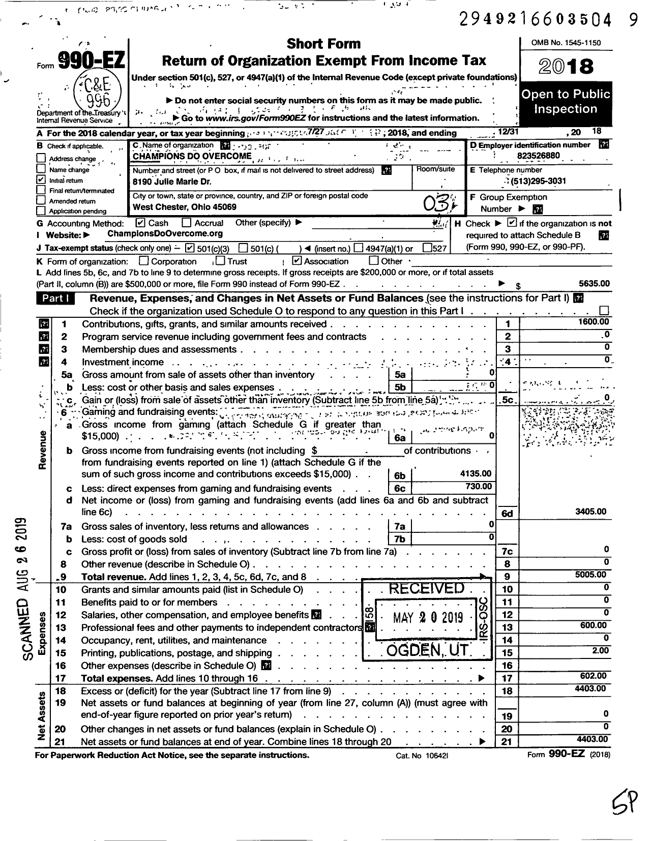 Image of first page of 2018 Form 990EZ for Champions Do Overcome