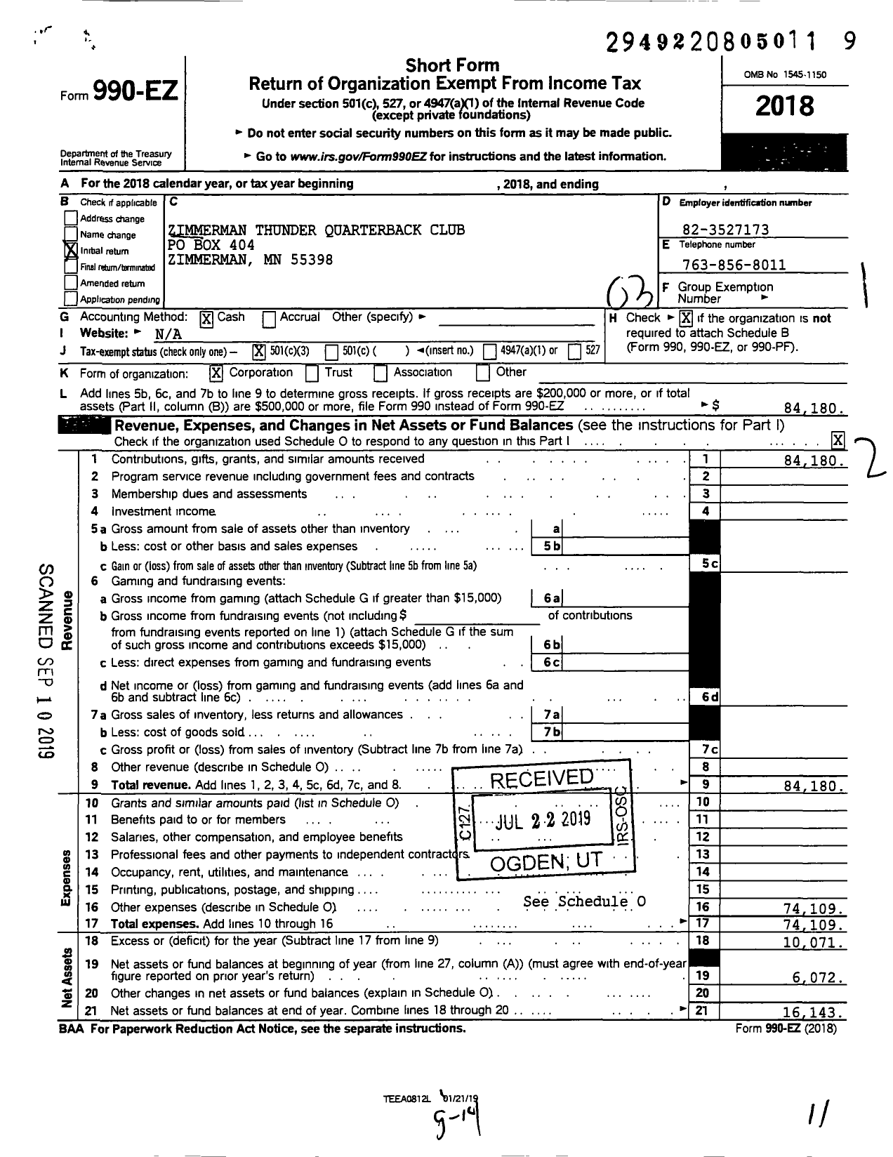 Image of first page of 2018 Form 990EZ for Zimmerman Thunder Quarterback Club