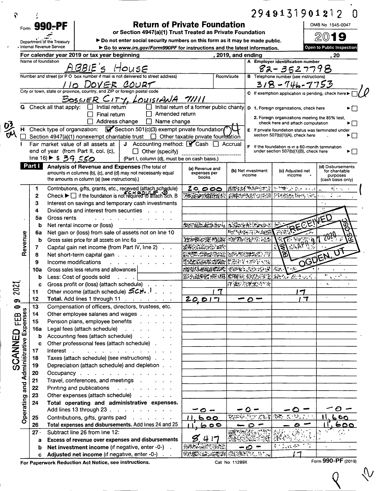 Image of first page of 2019 Form 990PF for Abbie's House