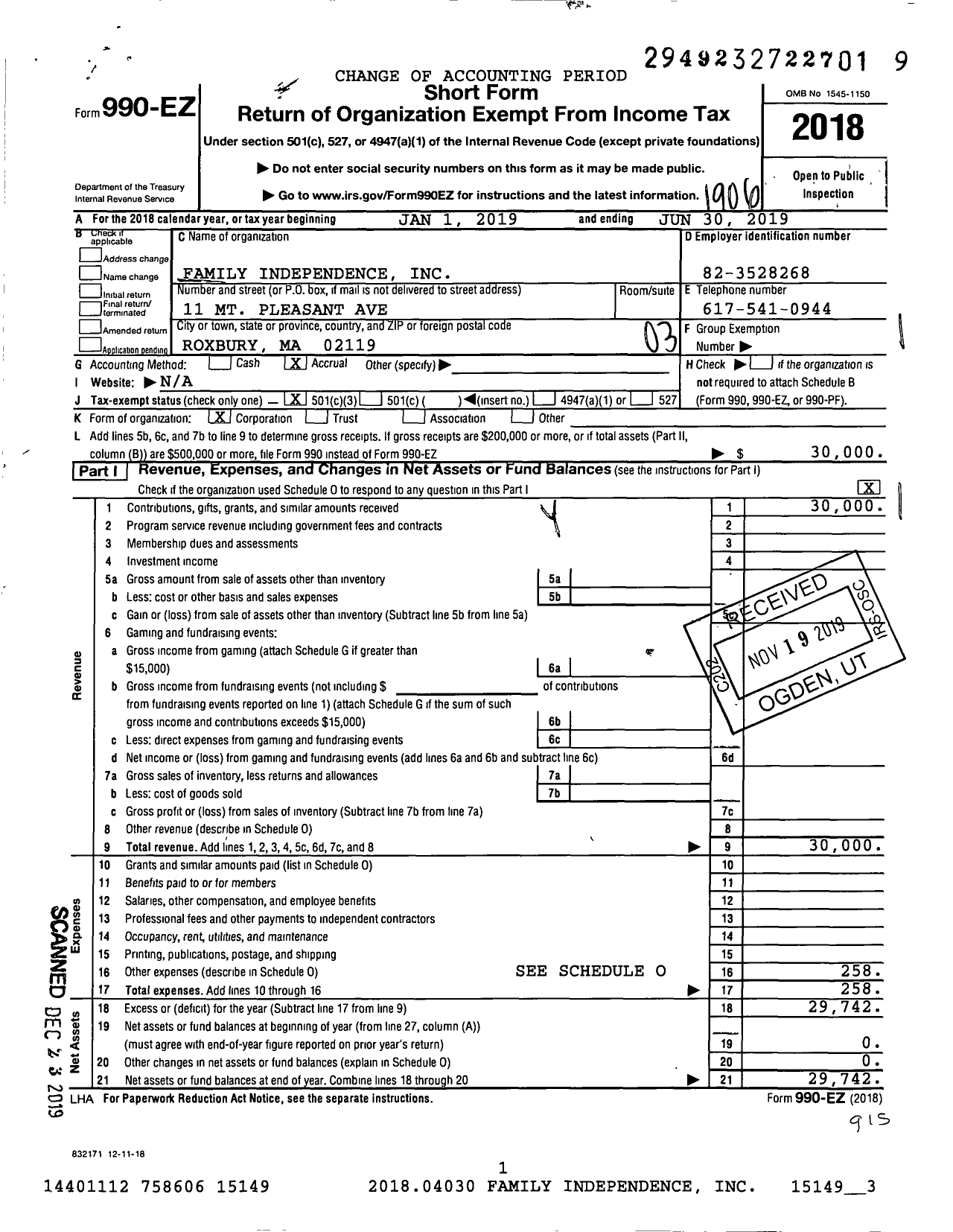 Image of first page of 2018 Form 990EZ for Family Independence