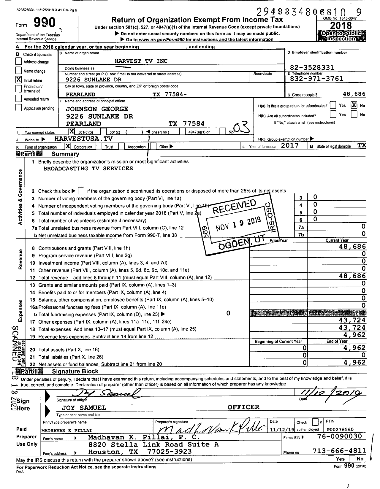 Image of first page of 2018 Form 990 for Harvest TV