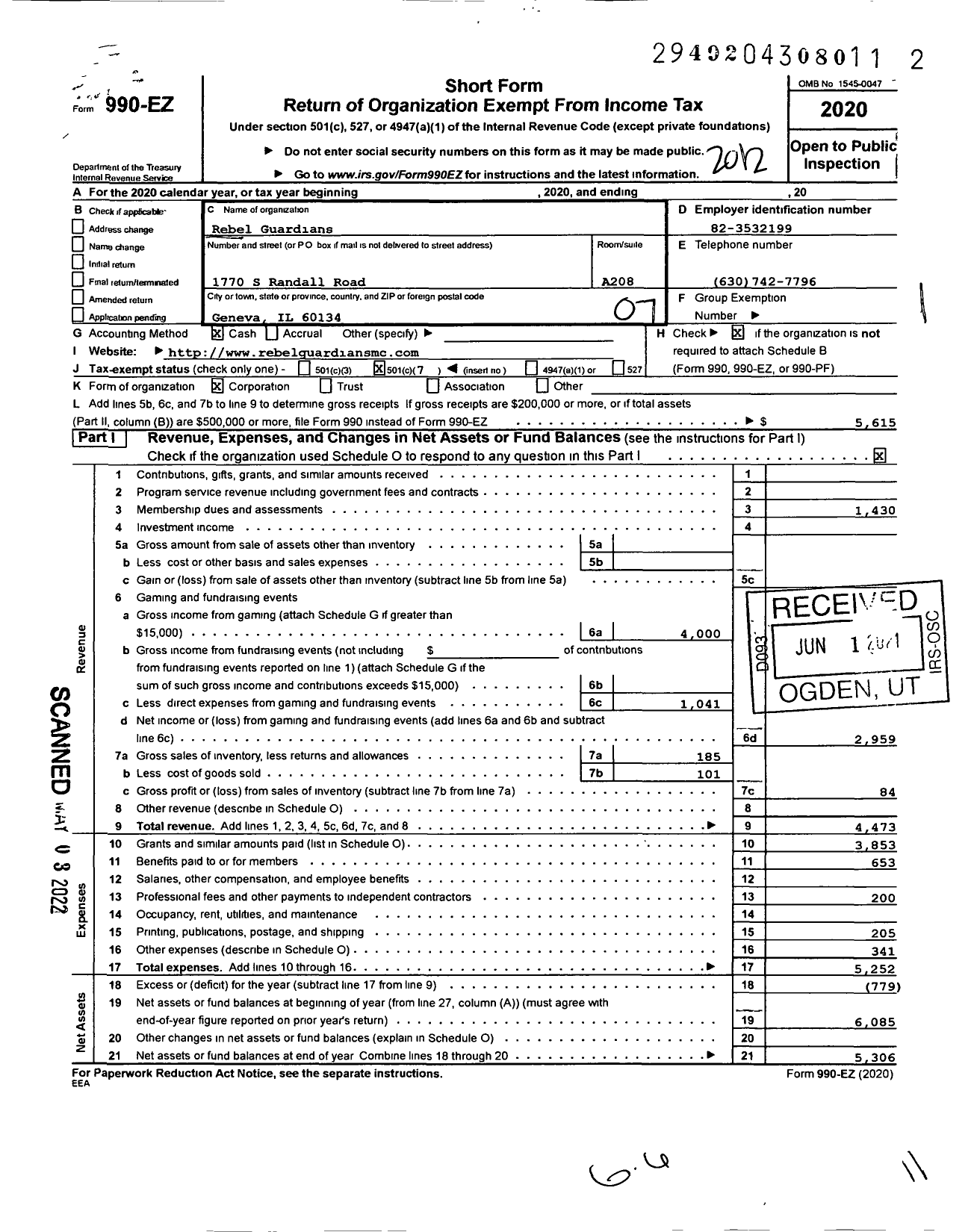 Image of first page of 2020 Form 990EO for Rebel Guardians