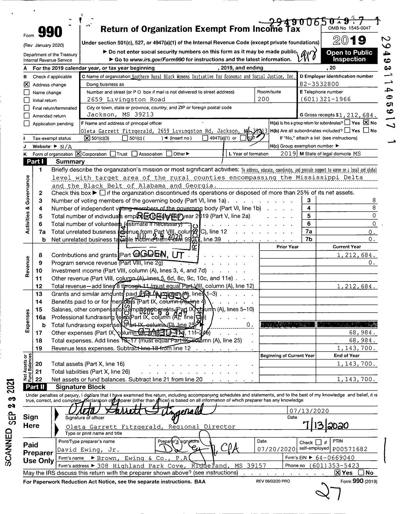 Image of first page of 2019 Form 990 for Southern Rural Black Womens Initiative for Economic and Social Justice