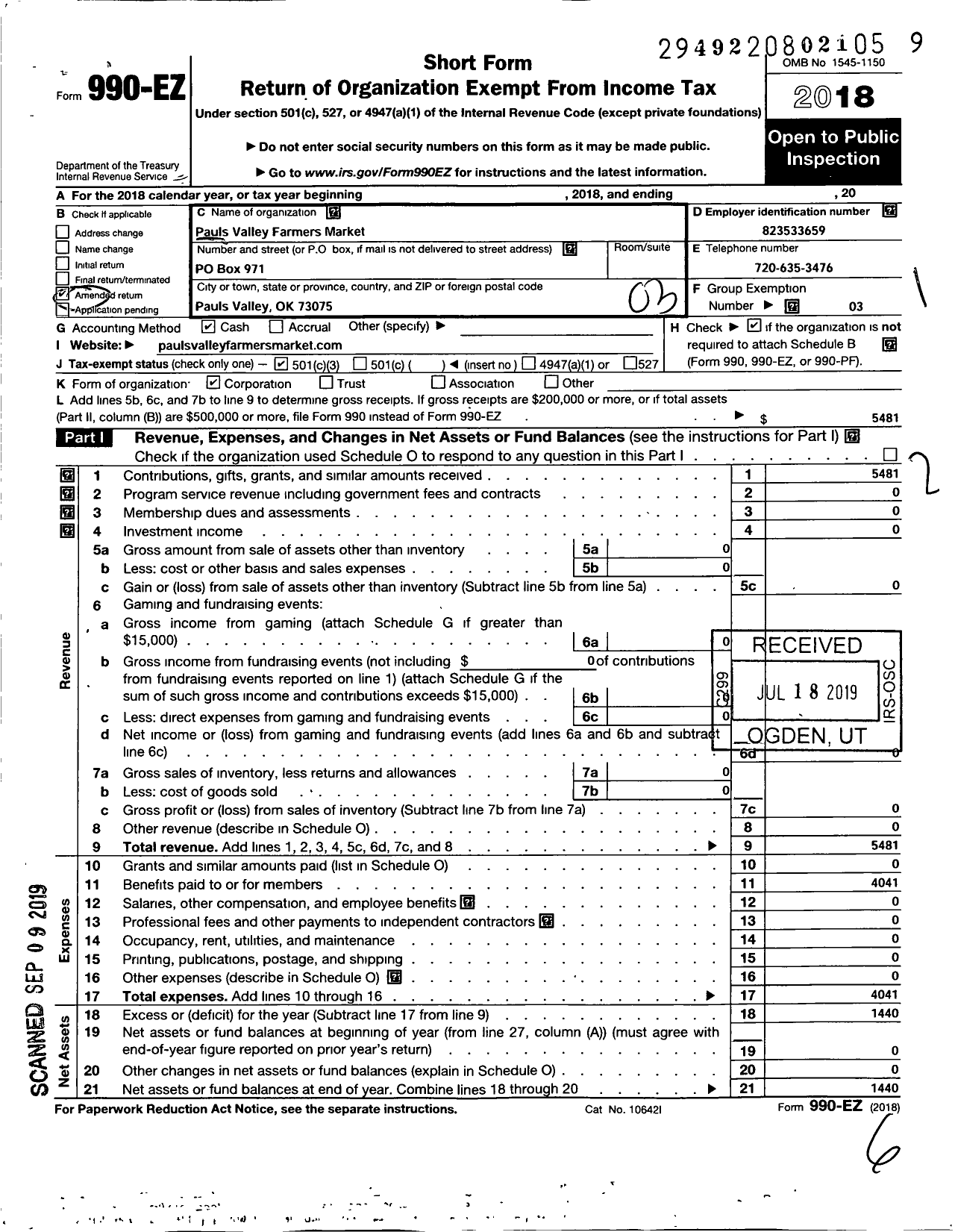 Image of first page of 2018 Form 990EZ for Pauls Valley Farmers Market