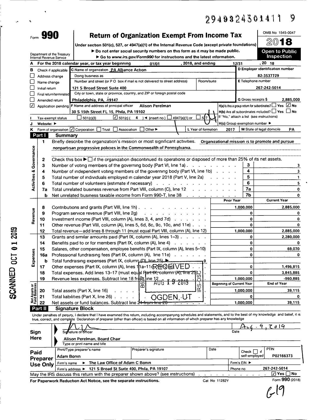 Image of first page of 2018 Form 990O for Pa Alliance Action