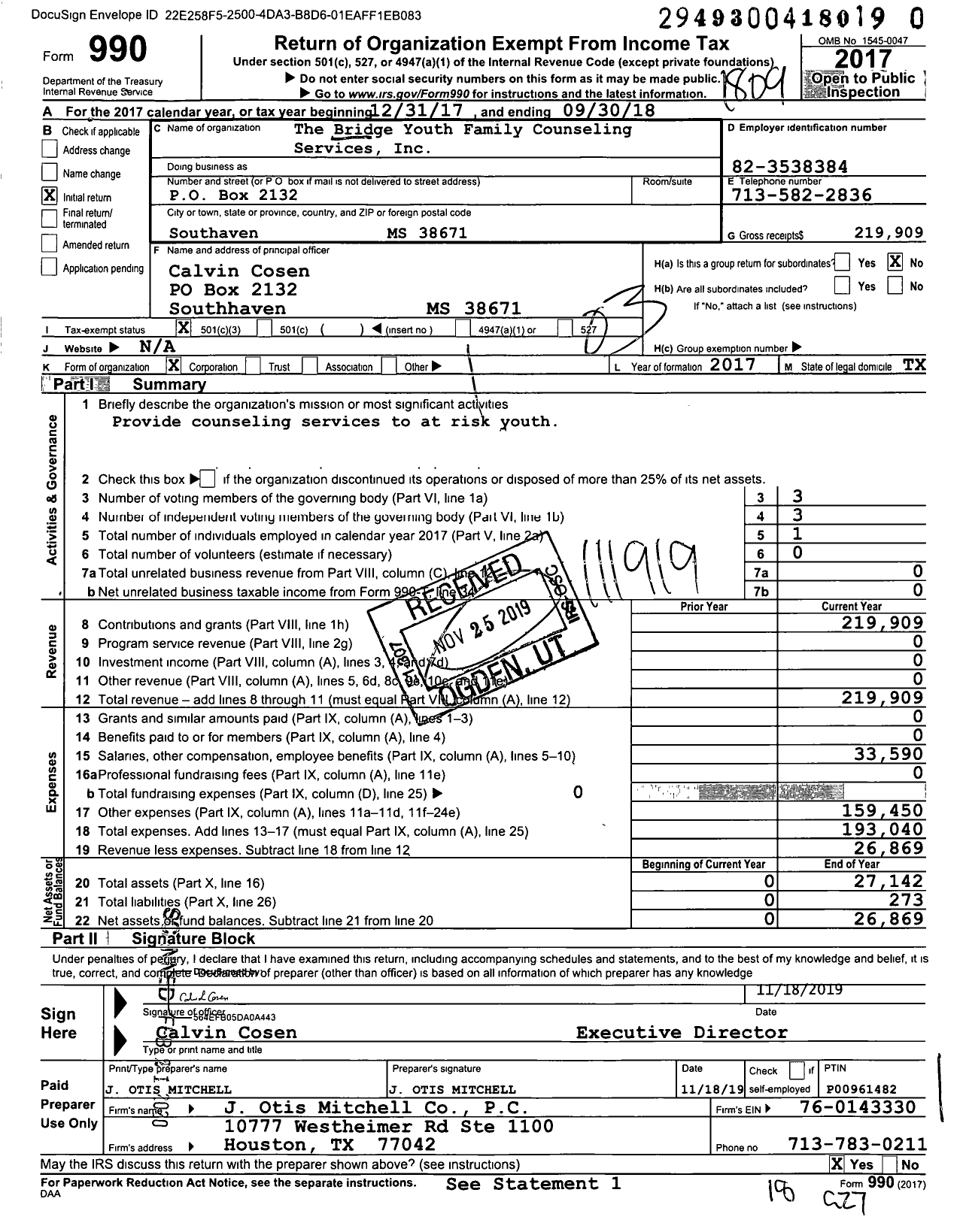 Image of first page of 2017 Form 990 for The Bridge Youth Family Counseling Services