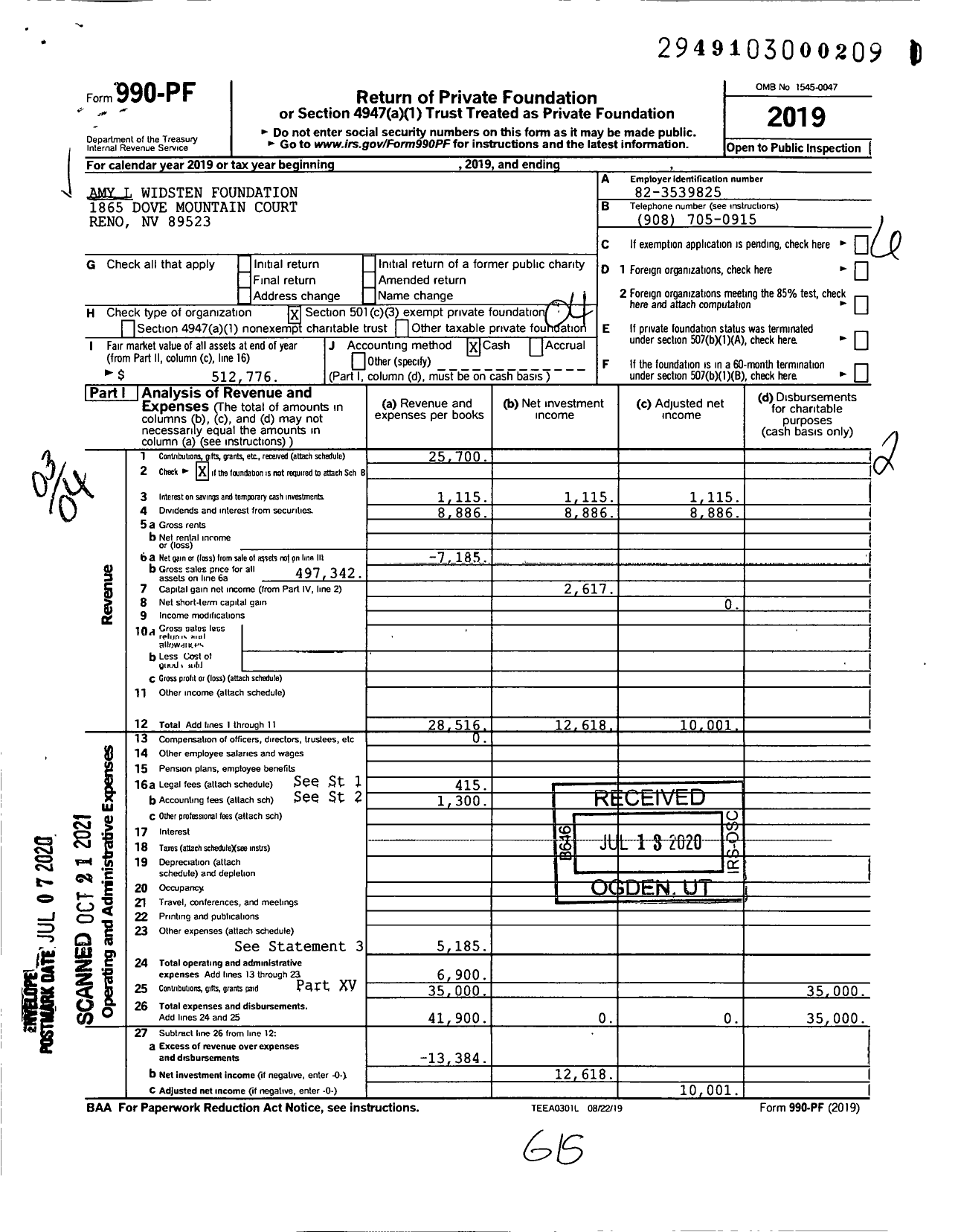 Image of first page of 2019 Form 990PF for Amy L Widsten Foundation