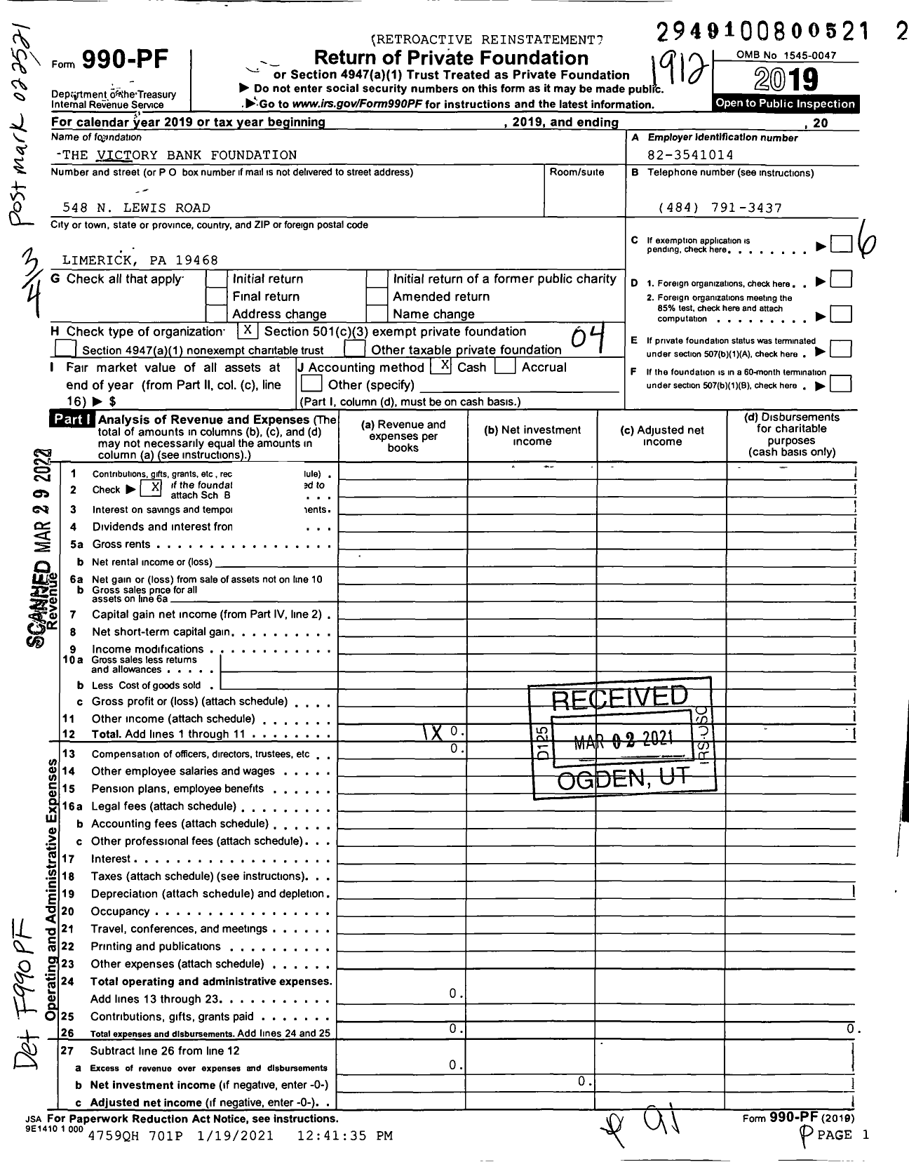 Image of first page of 2019 Form 990PF for The Victory Bank Foundation