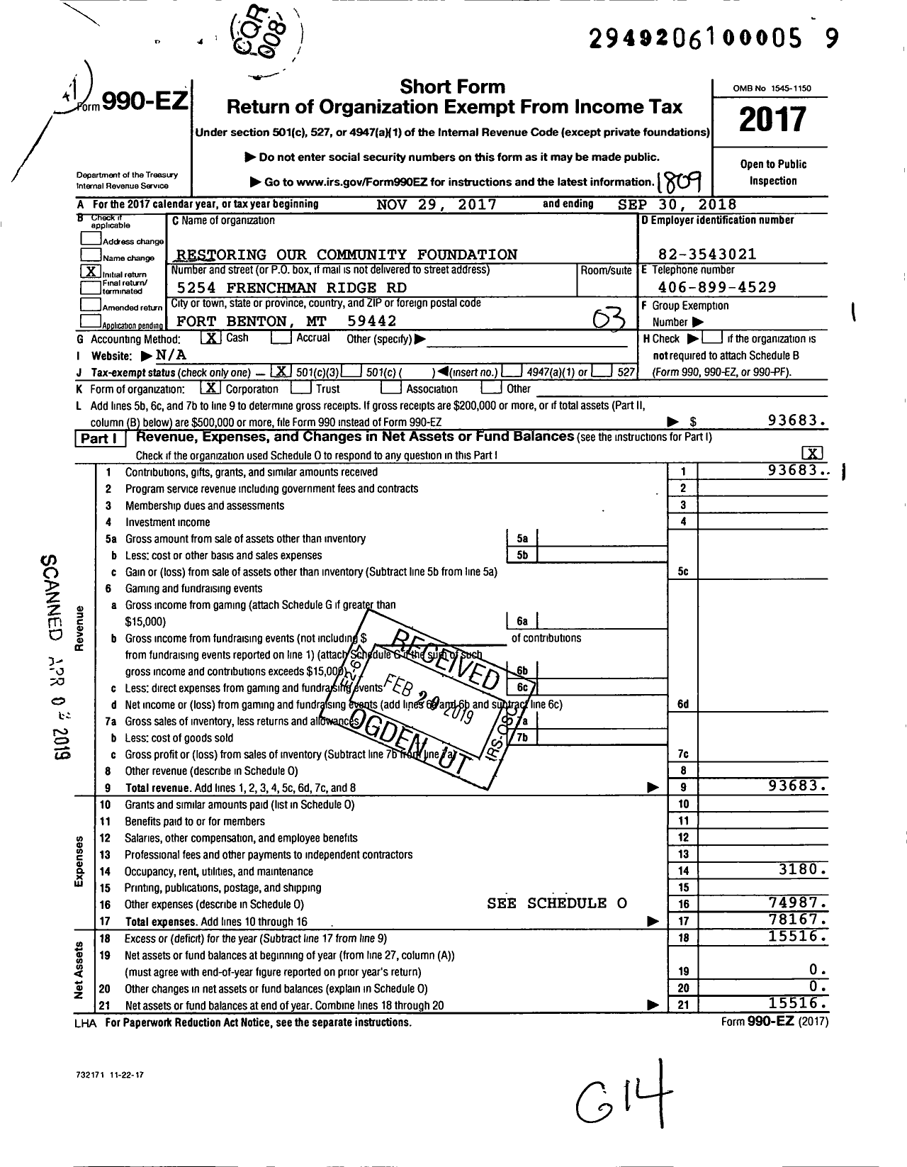 Image of first page of 2017 Form 990EZ for Restoring Our Community Foundation