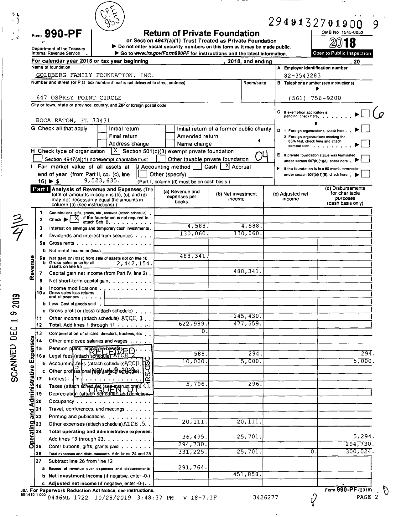 Image of first page of 2018 Form 990PF for Goldberg Family Foundation