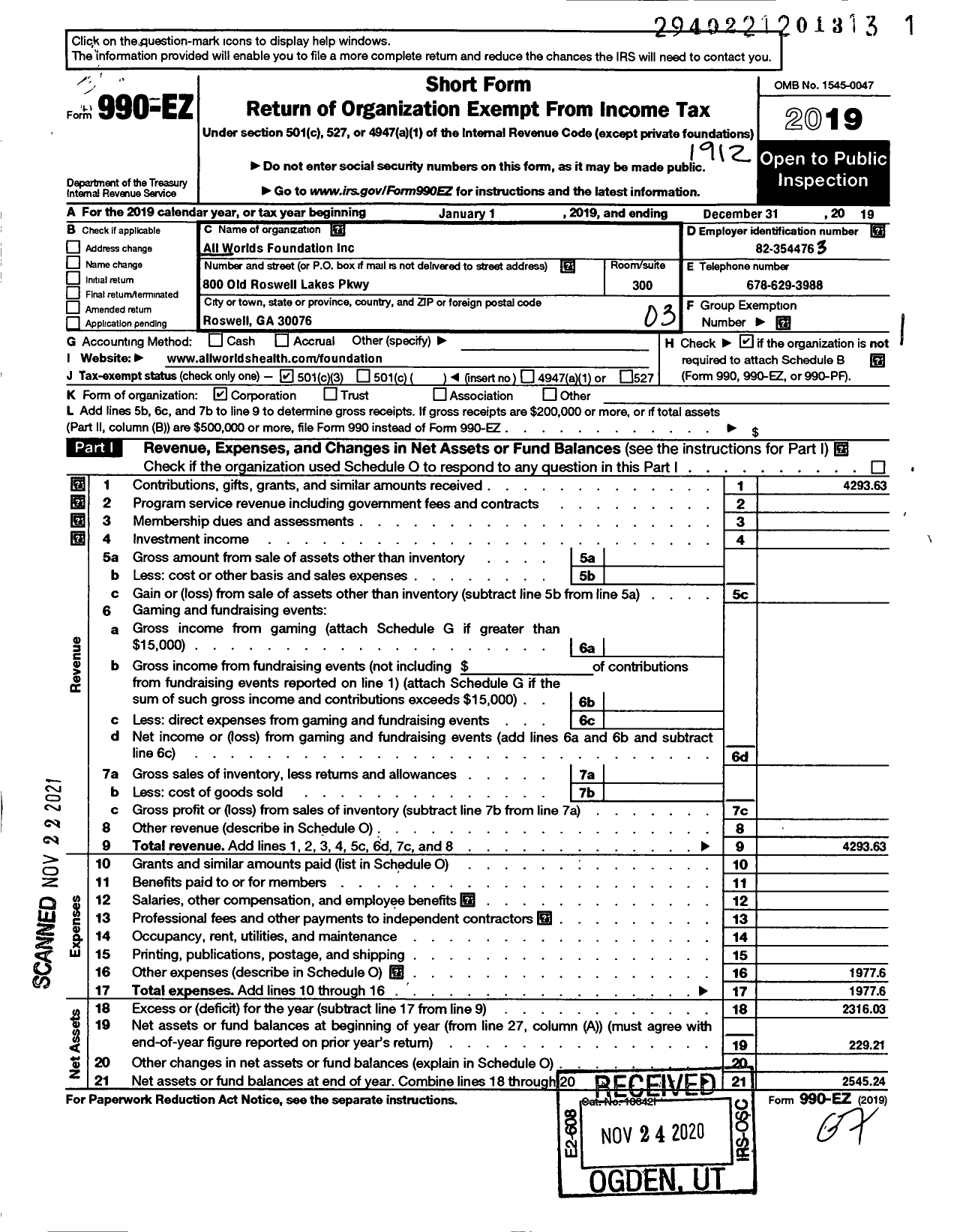 Image of first page of 2019 Form 990EZ for All Worlds Foundation