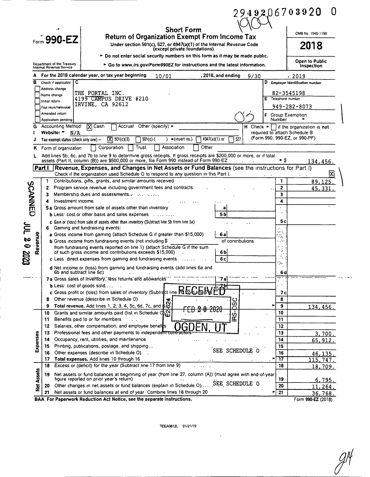 Image of first page of 2018 Form 990EZ for Portal