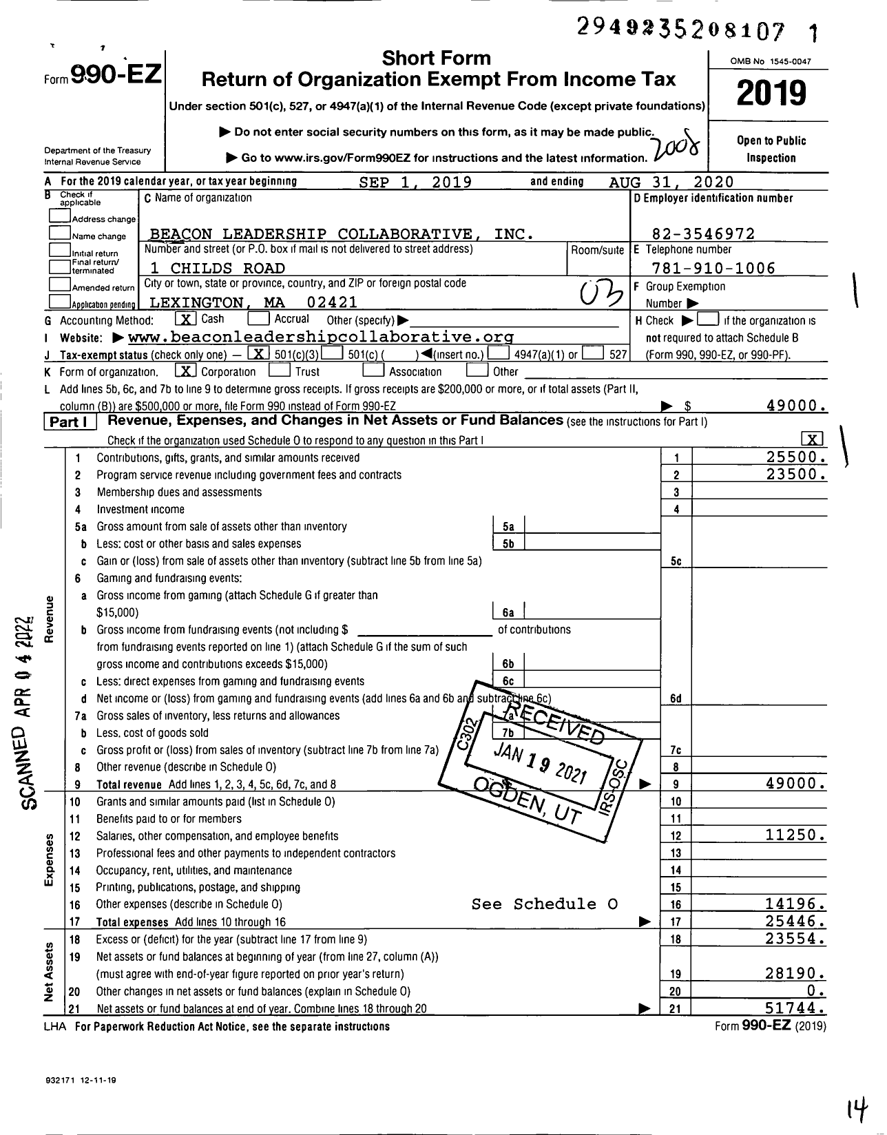 Image of first page of 2019 Form 990EZ for Beacon Leadership Collaborative