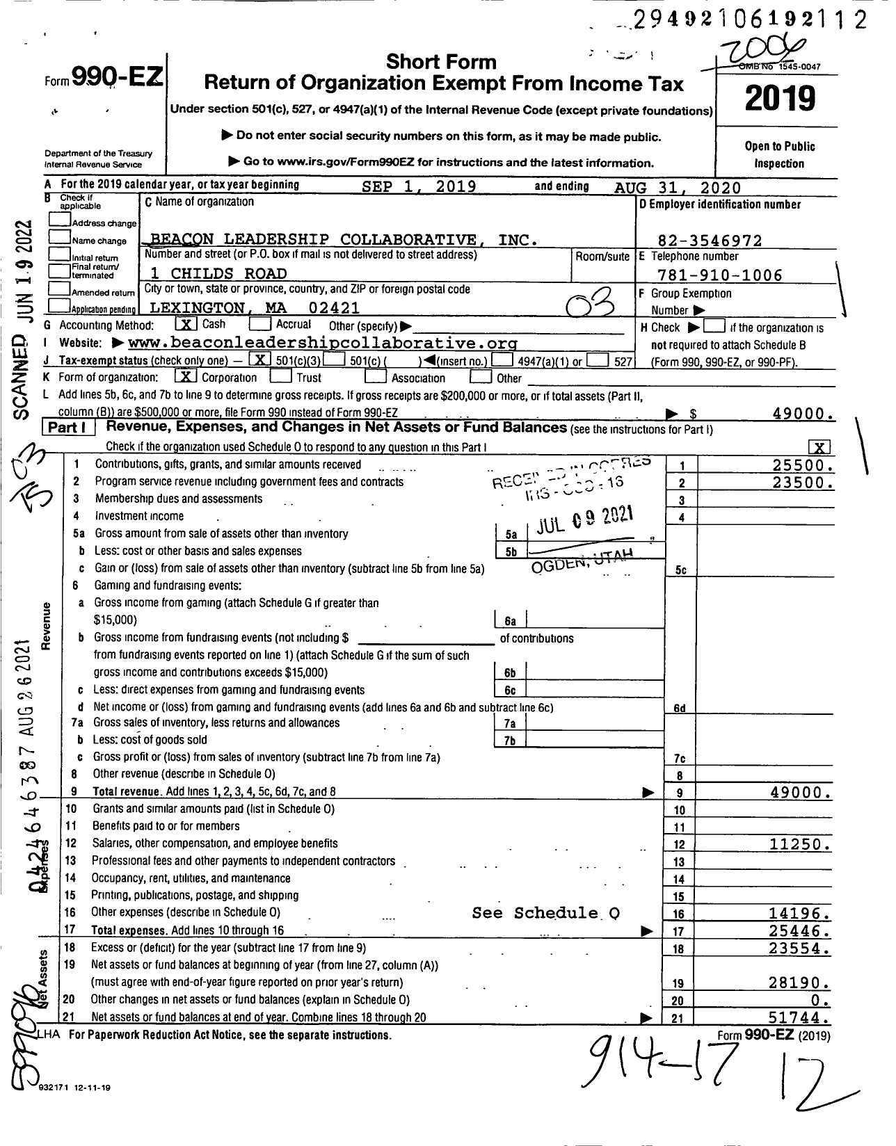 Image of first page of 2019 Form 990EZ for Beacon Leadership Collaborative