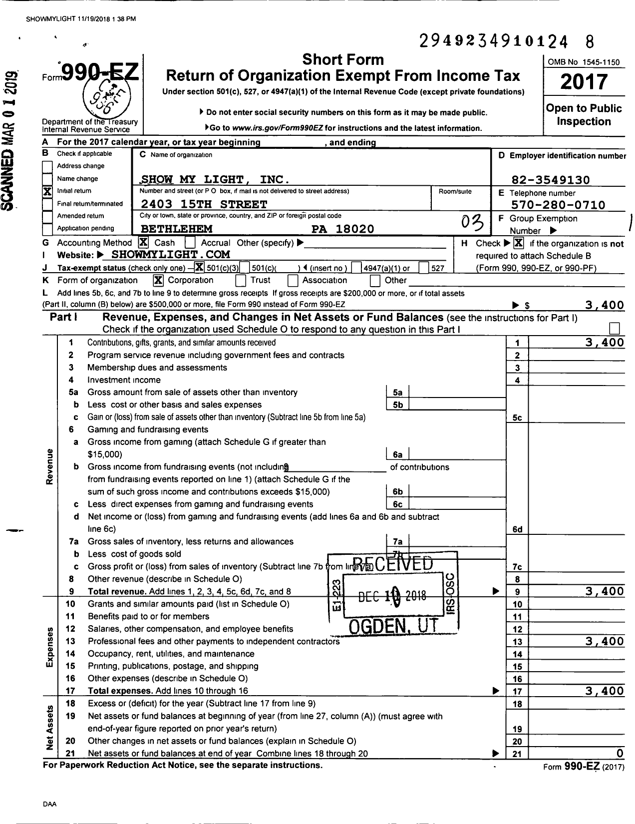 Image of first page of 2017 Form 990EZ for Show My Light