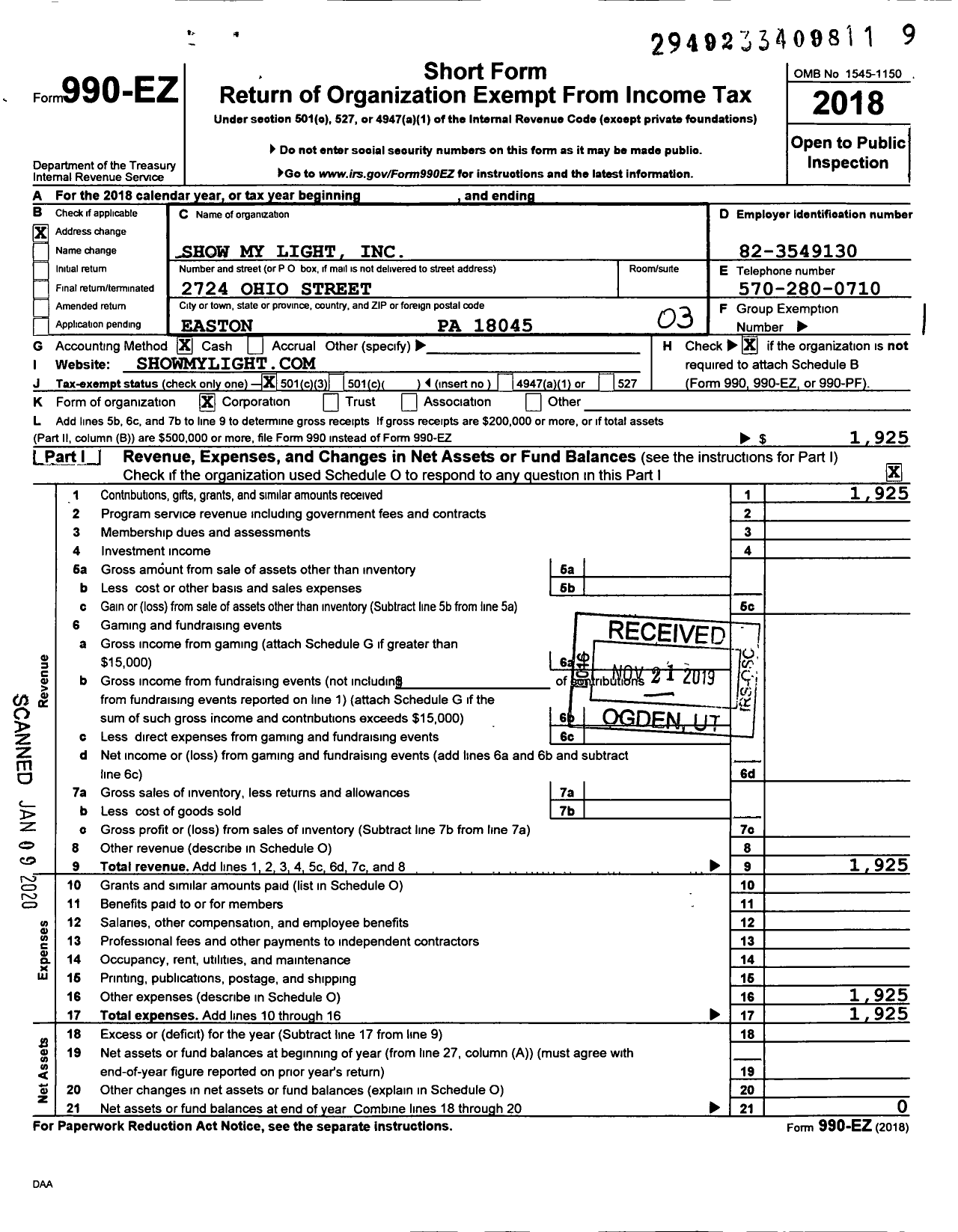 Image of first page of 2018 Form 990EZ for Show My Light