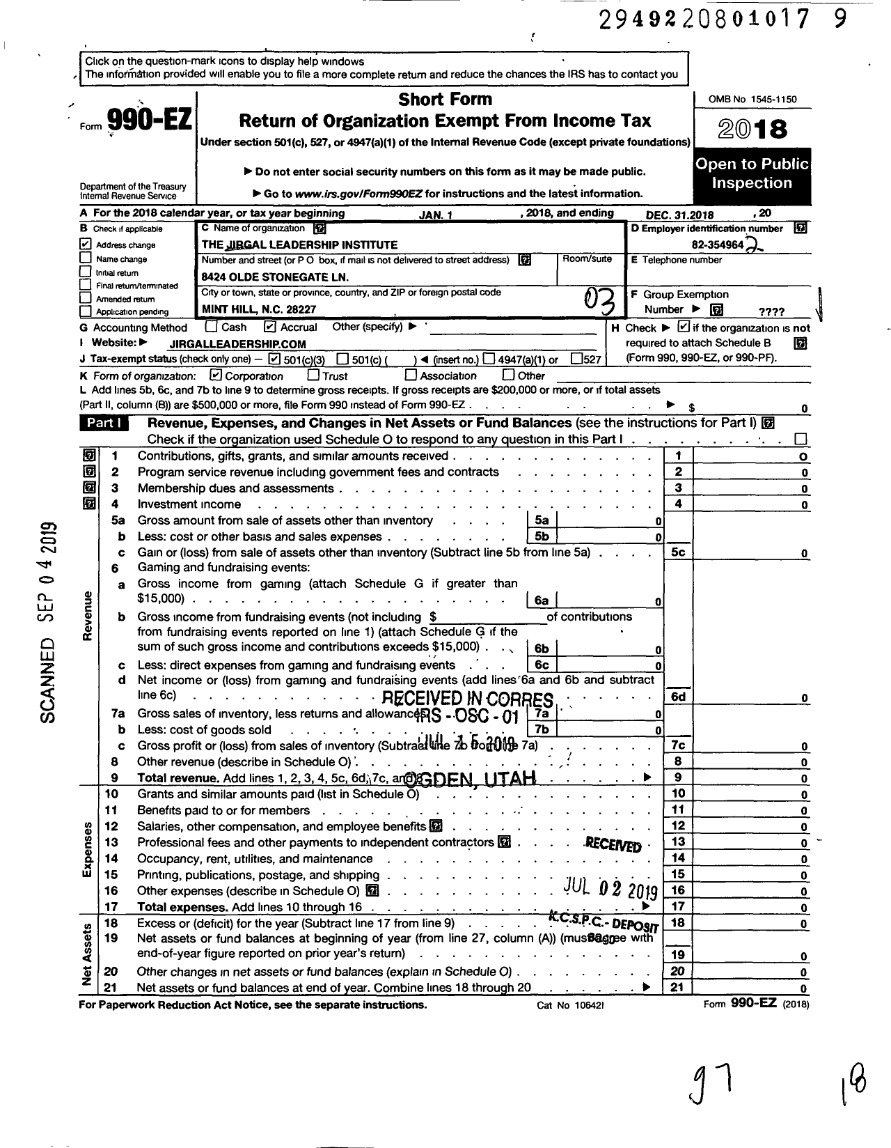 Image of first page of 2018 Form 990EZ for The Jirgal Leadership Institute