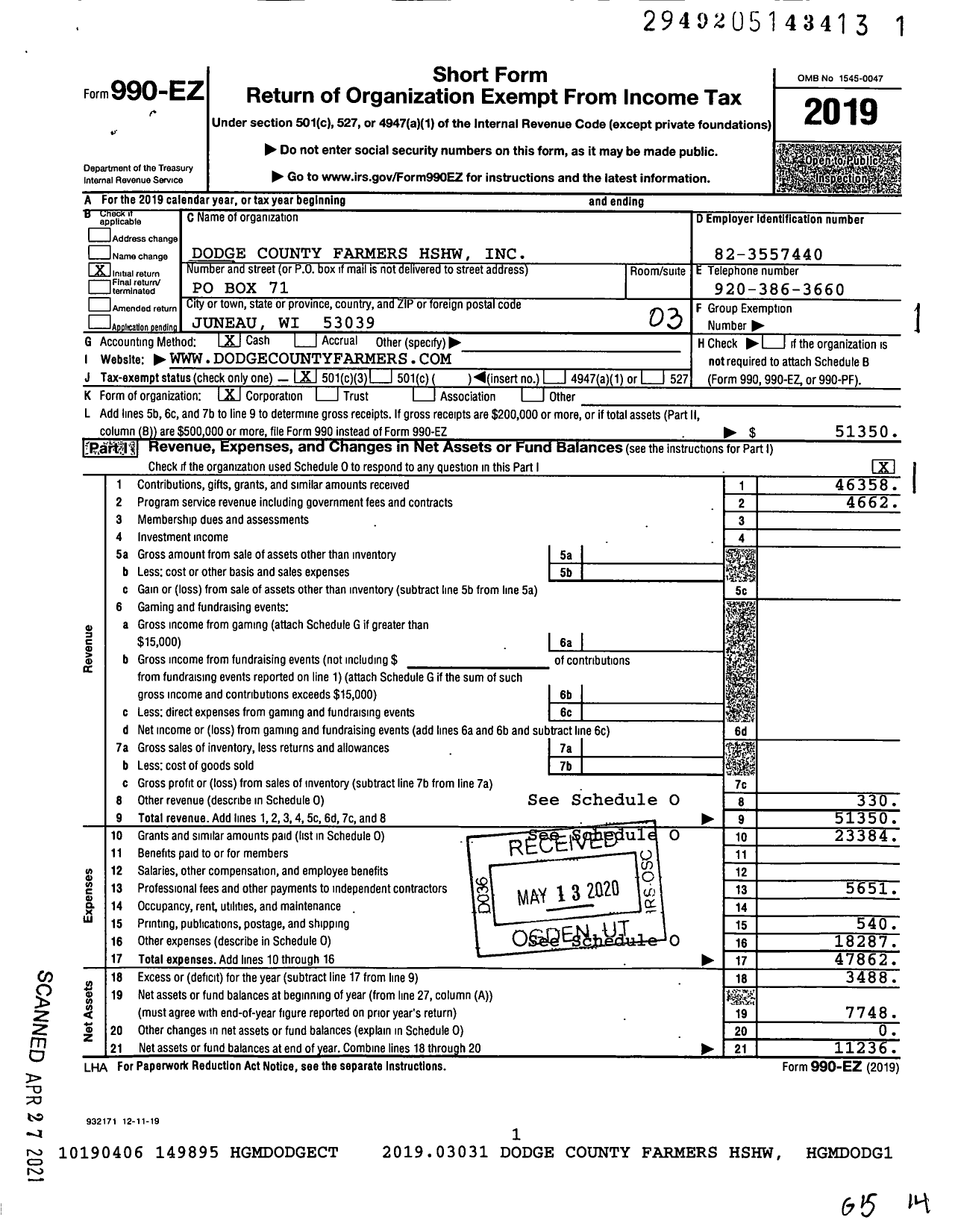 Image of first page of 2019 Form 990EZ for Dodge County Farmers