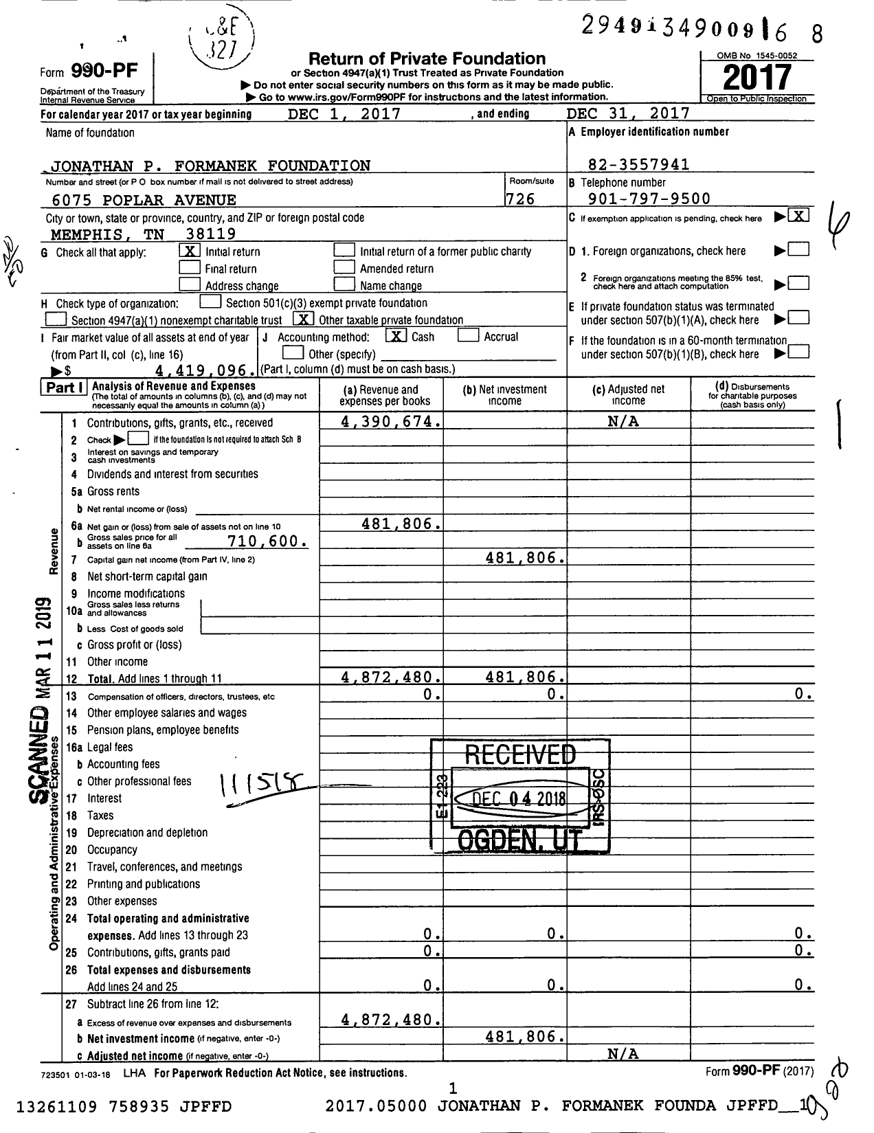 Image of first page of 2017 Form 990PF for Jonathan P Formanek Foundation