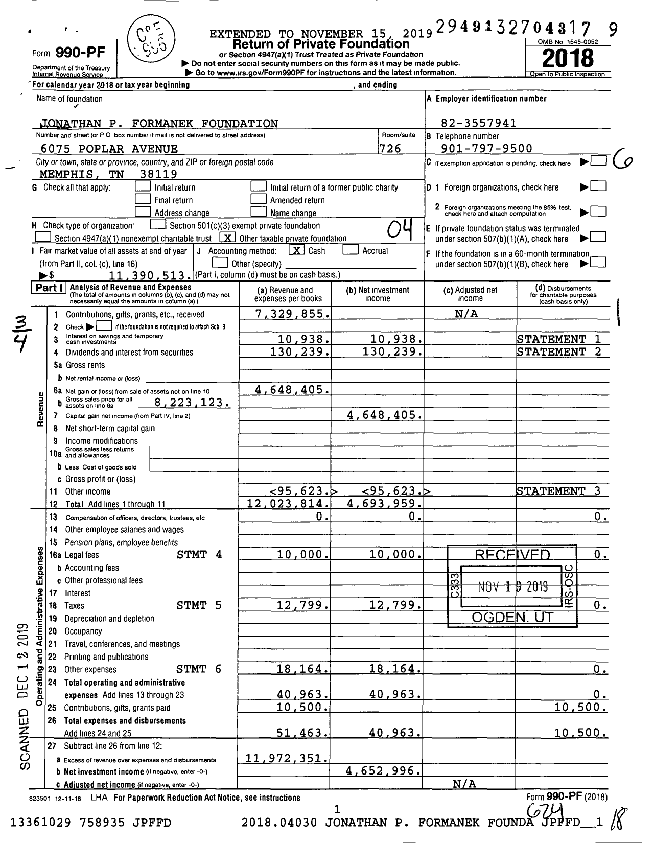 Image of first page of 2018 Form 990PF for Jonathan P Formanek Foundation