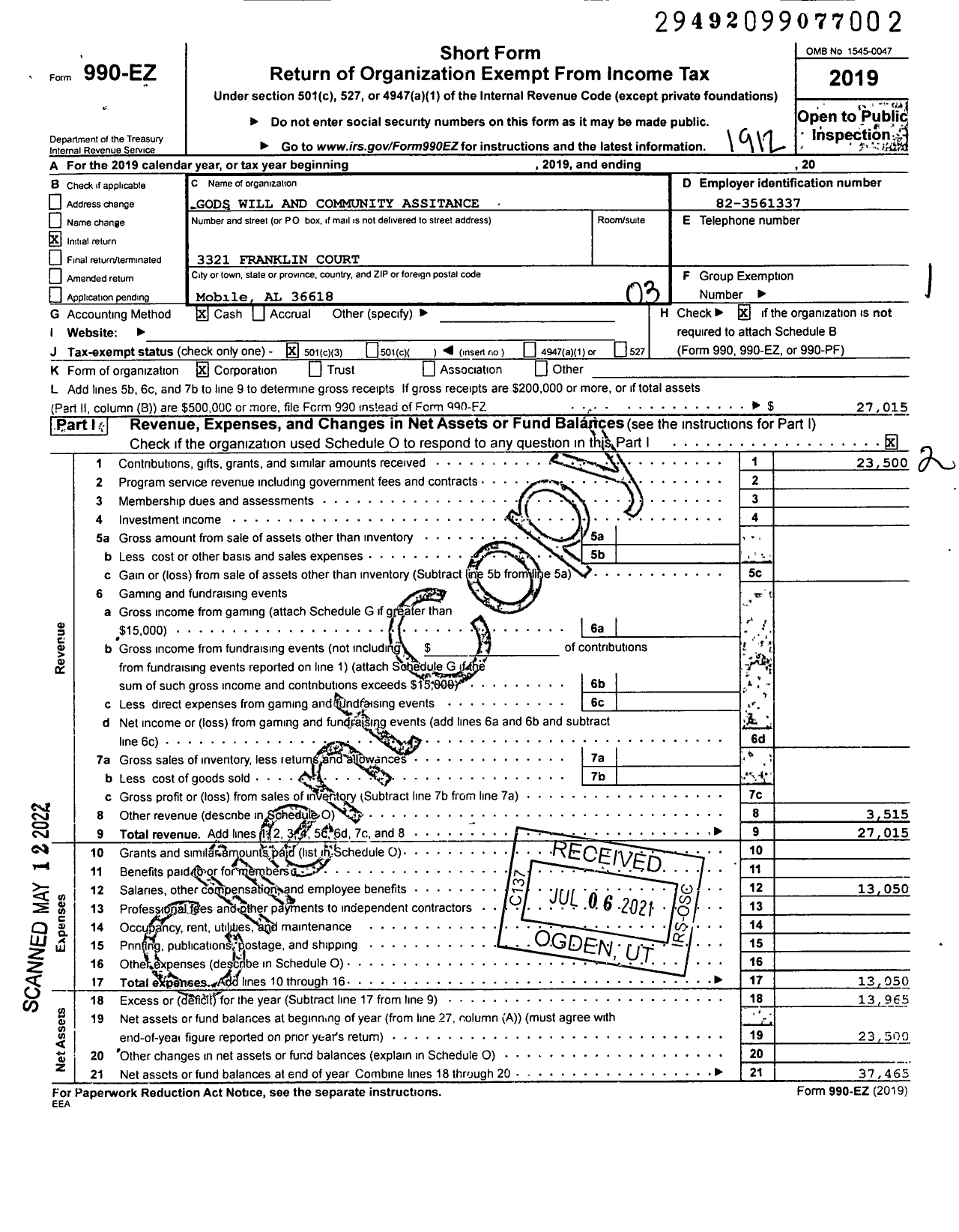 Image of first page of 2019 Form 990EZ for Gods Will and Community Assistance