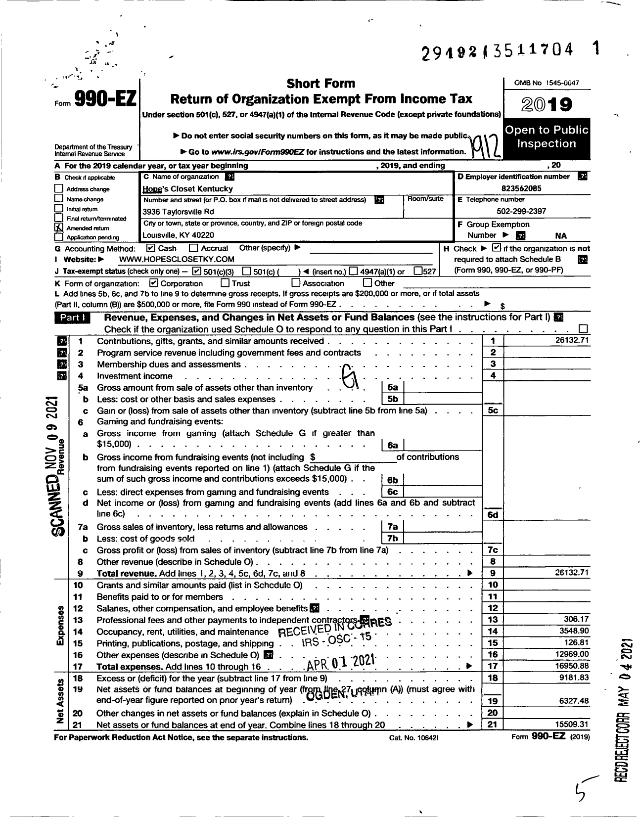 Image of first page of 2019 Form 990EZ for Hope S Closet