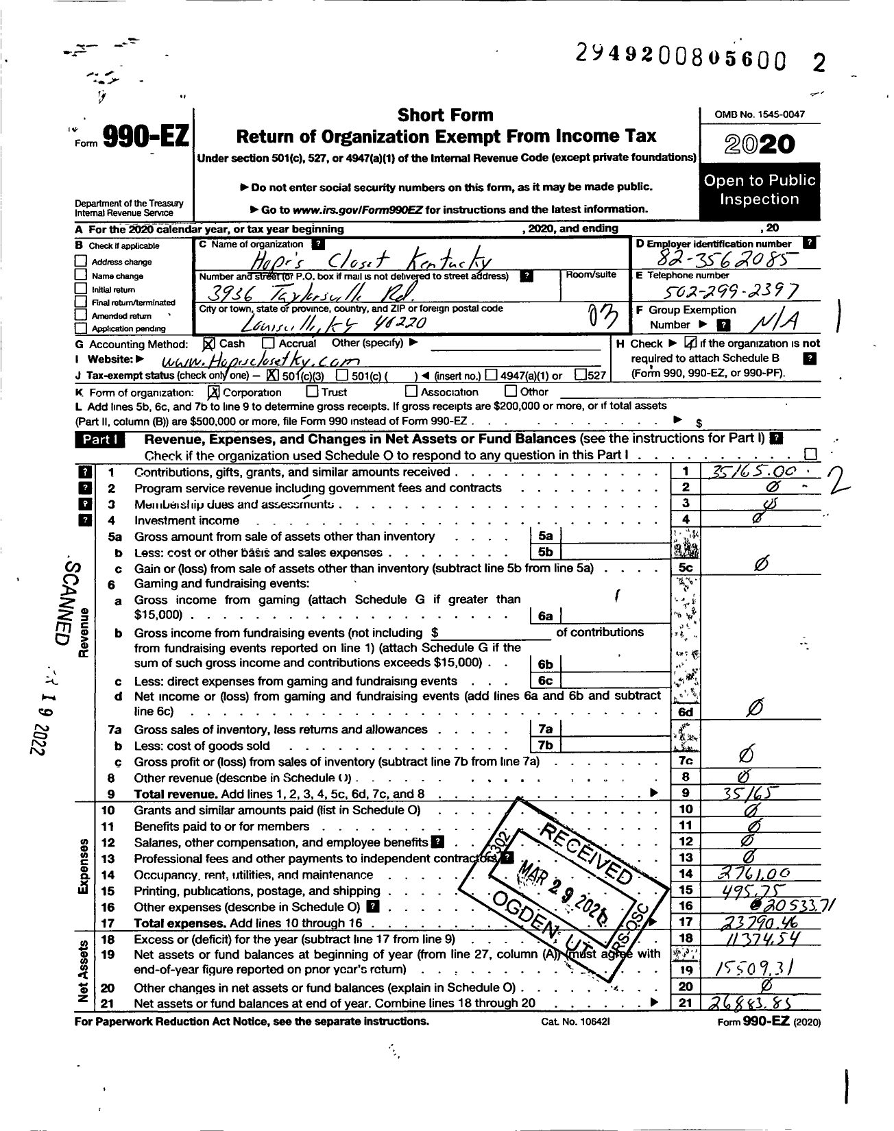 Image of first page of 2020 Form 990EZ for Hope S Closet