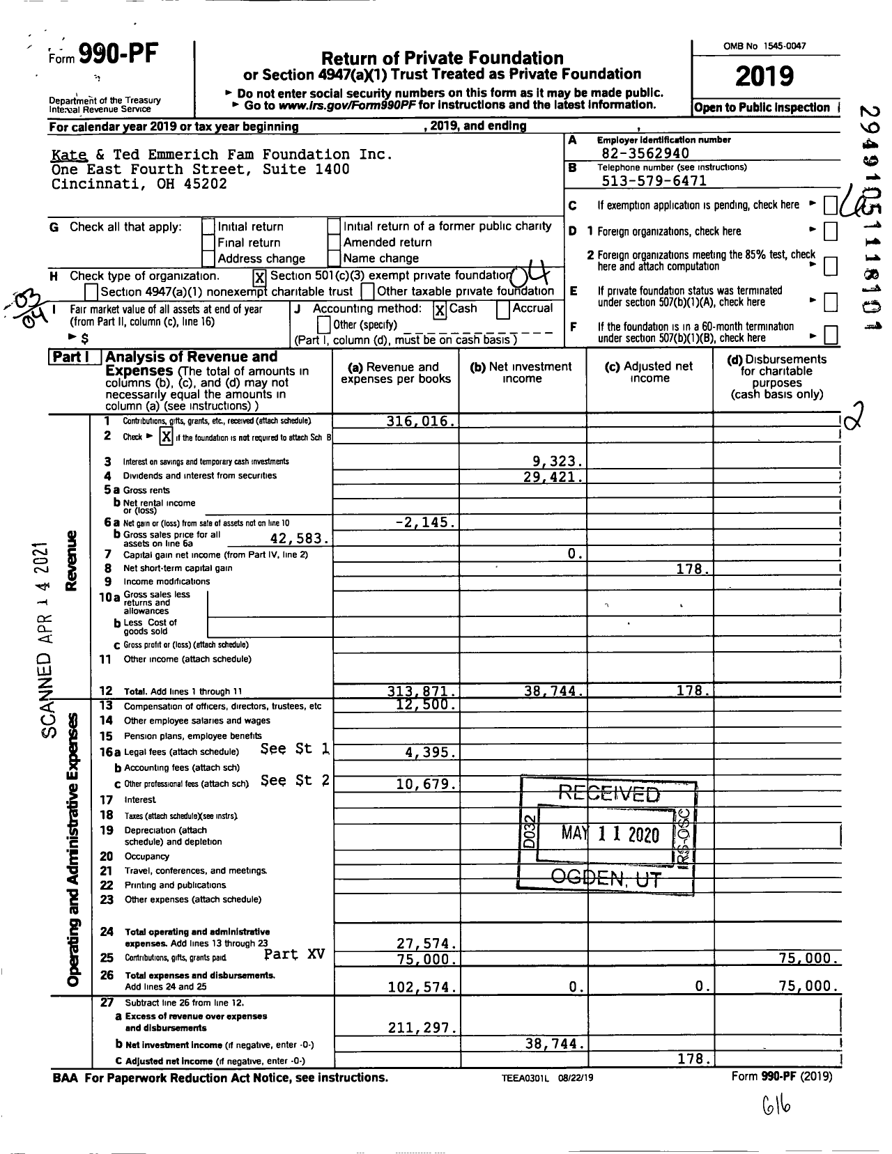 Image of first page of 2019 Form 990PF for Kate and Ted Emmerich Fam Foundation