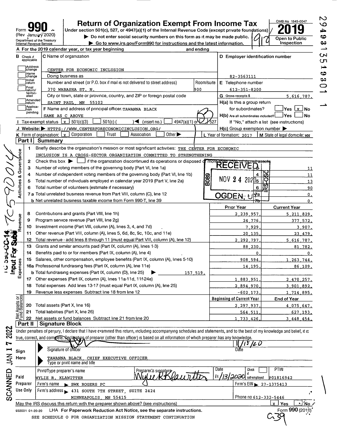 Image of first page of 2019 Form 990 for Center for Economic Inclusion