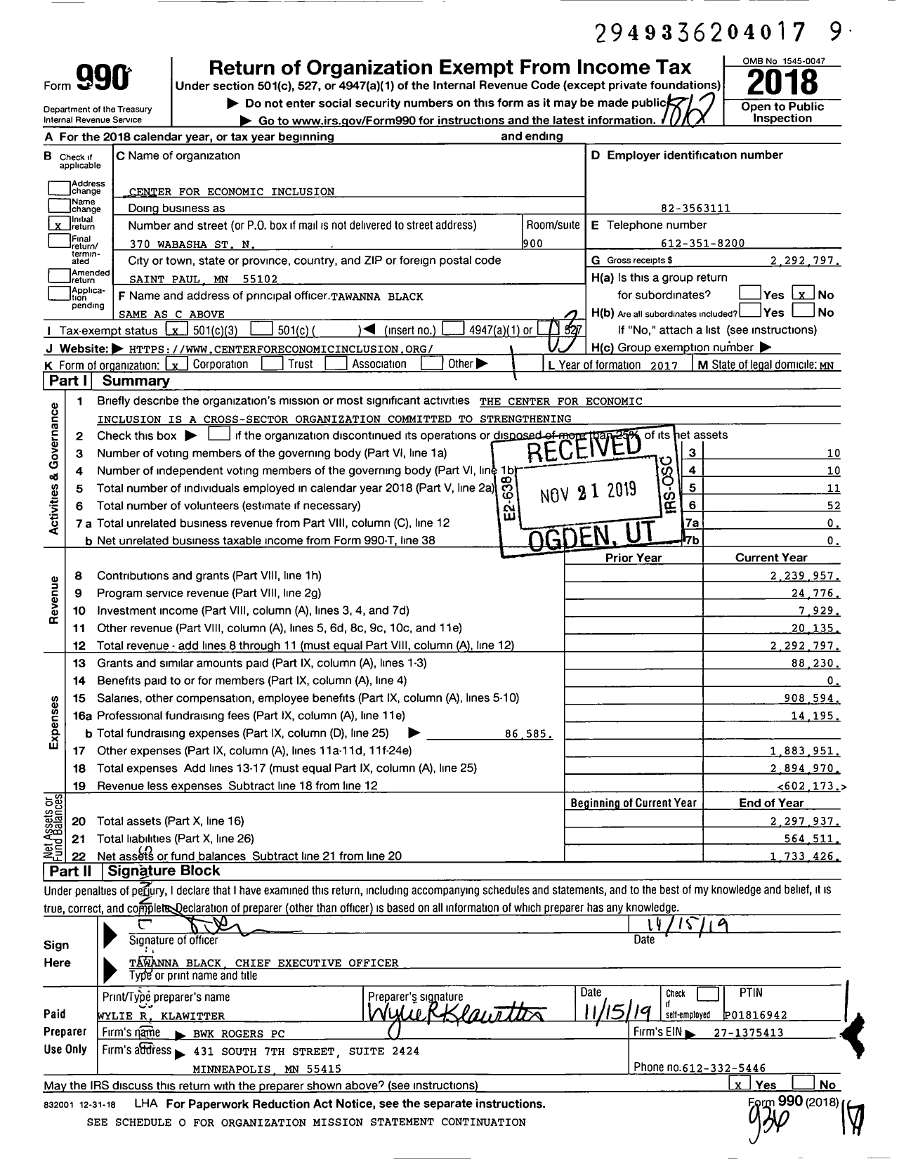 Image of first page of 2018 Form 990 for Center for Economic Inclusion