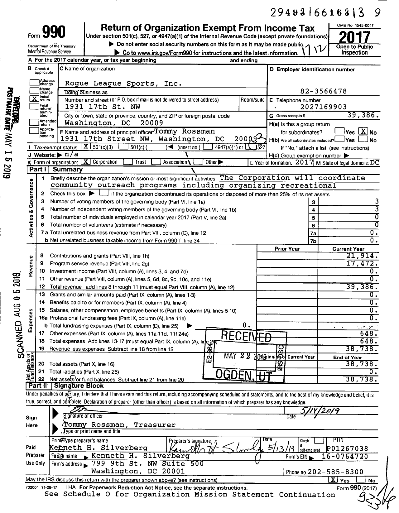 Image of first page of 2017 Form 990 for Rogue League Sports